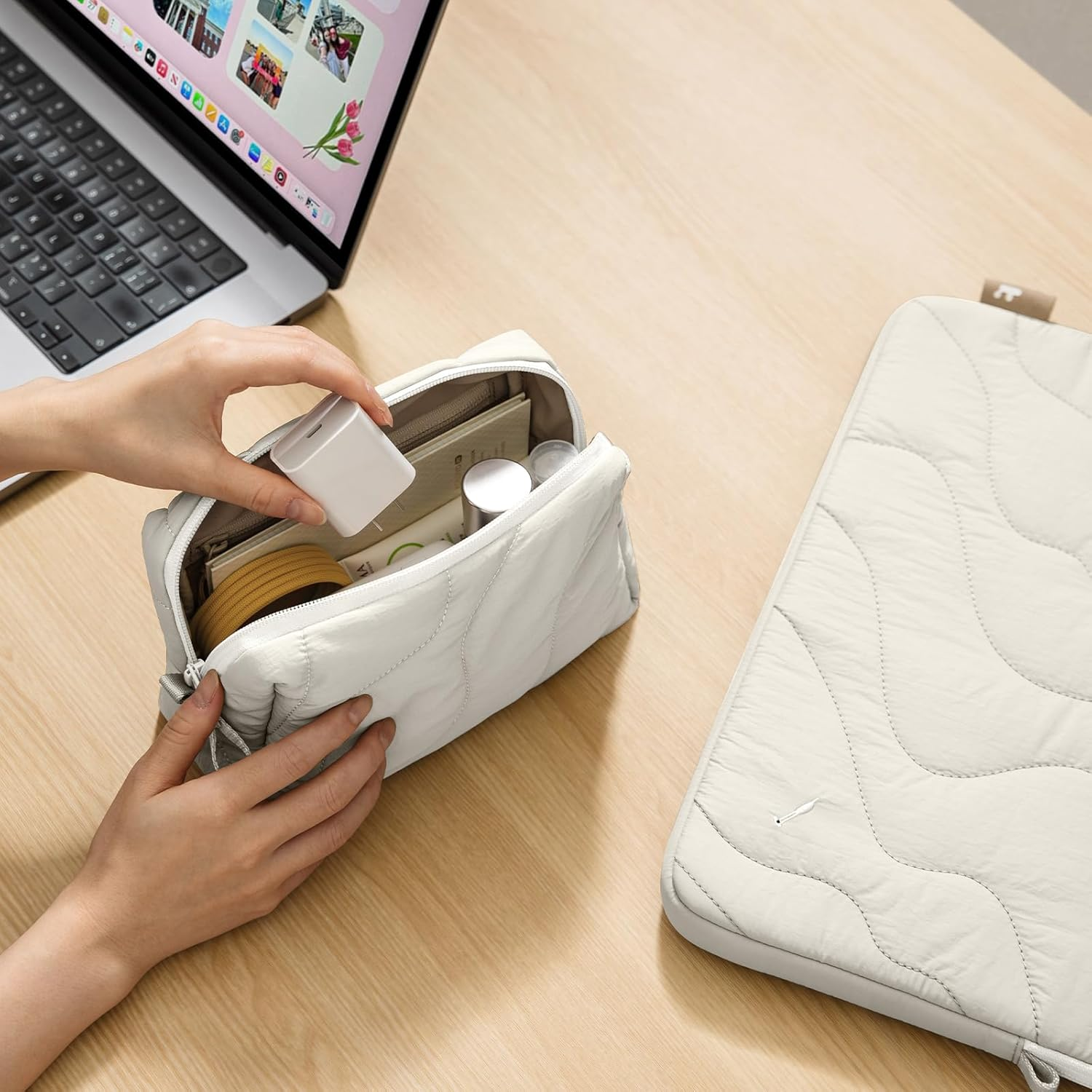 Tomtoc Cable Organiser Bag, Puffy Travel Tech Pouch Electronic Cord Organiser EDC Bag Travel Essentials for Women Girls Gifts, Portable Accessory Storage for Charger, Cord, Cable, Phone, Daily Items image number 5