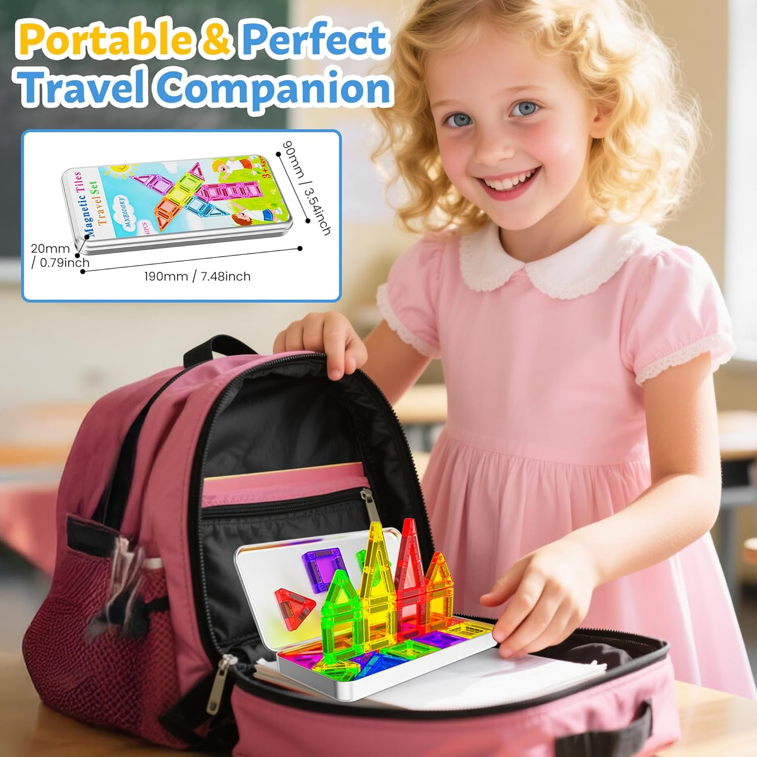 41PCS Travel Magnetic Tiles for Kids Ages 3-5 4-8 with Iron Box Magnet Mini Building Block Kids Plane Toys for 3 4 5 6 7+Year Old Boy Girl Toddler Preschool STEM Construction Christmas Birthday Gifts image number 6