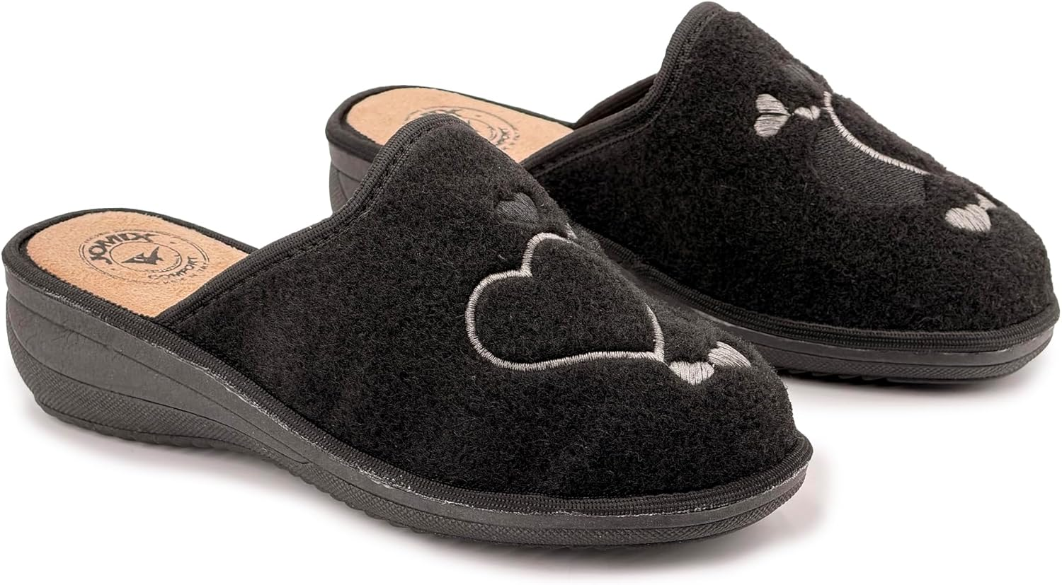 JOMIX Women'S Slippers Winter Comfortable Slippers Low Wedge Heel Made of Felt with Embroidered Hearts Warm Soft Non-Slip Made in Italy