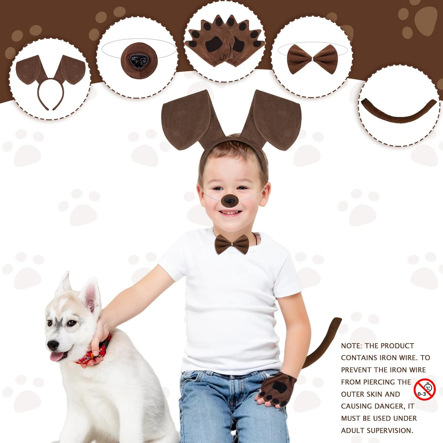 Jokureao 5 Piece Puppy Costume Set, Dog Headband Ears, Bow Tie, Tail, Paw Gloves, Animal Puppy Dog Costume Set for Adults Children Carnival World Book Day Cosplay Party image number 2