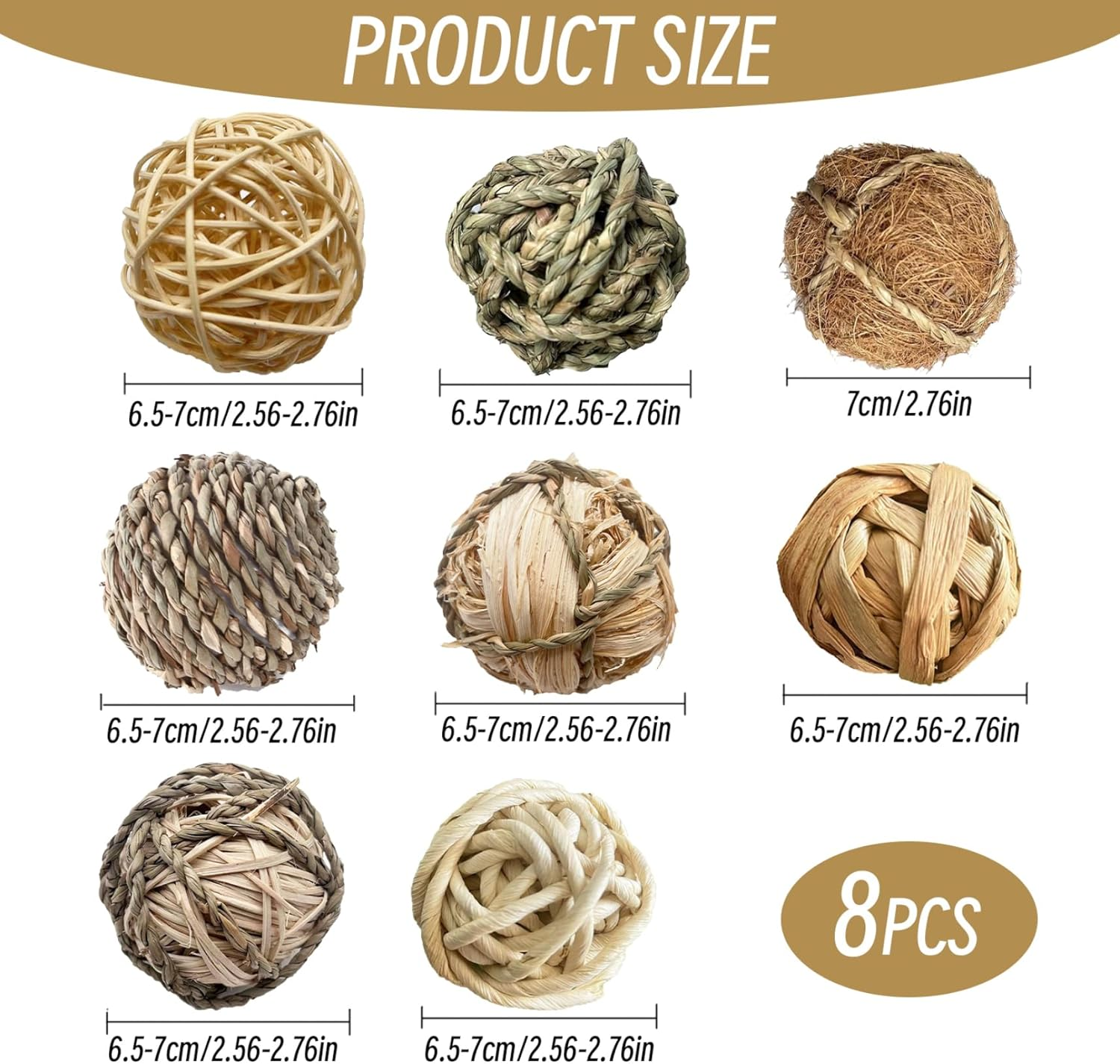 8Pcs Natural Safe Rabbit Chew Toys, Small Pet & Young Animal Chew Bunny Toys, round Hamster Ball, Guinea Pig & Chinchilla Toys, 8 Count, Unscented, Not Water Resistant, Outdoor Use image number 2