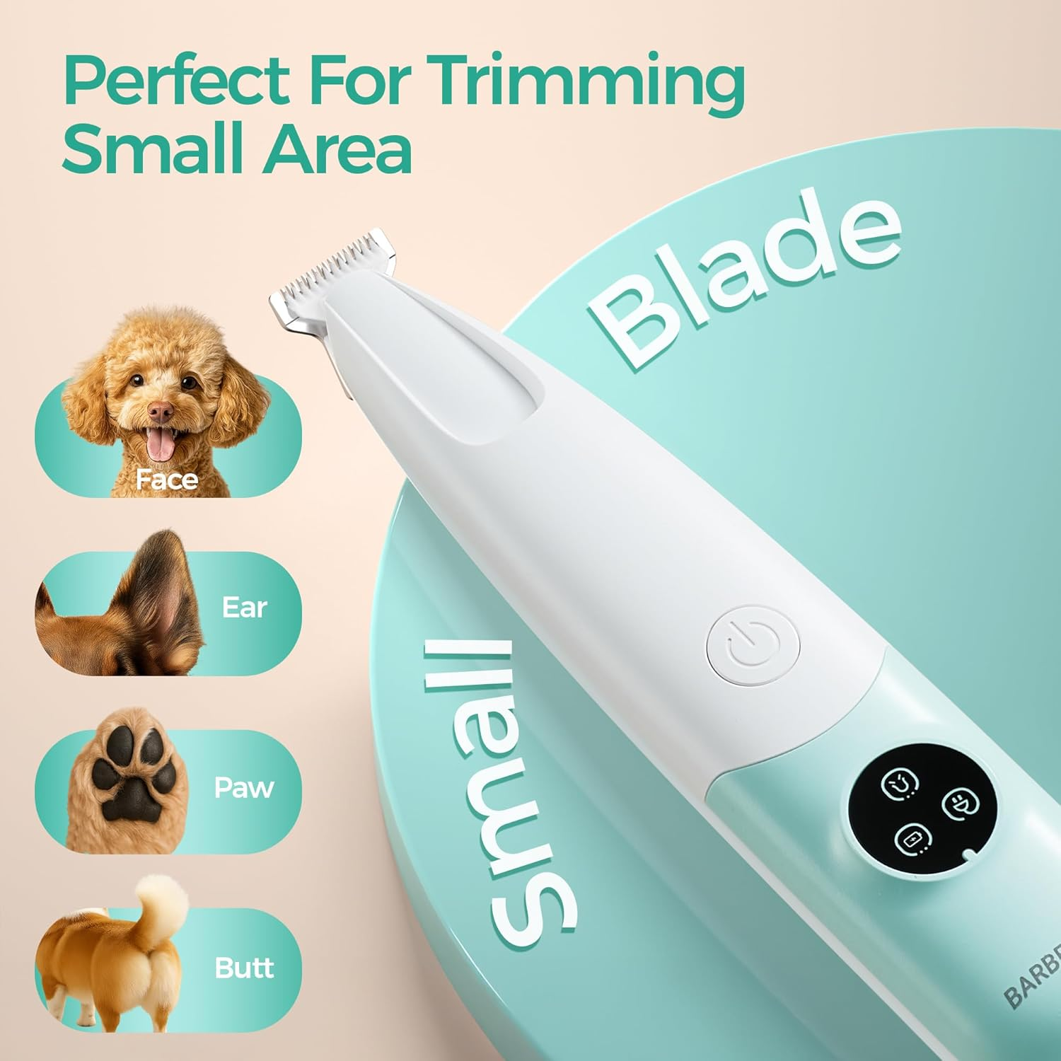 Barberboss Pet Hair Trimmer, Dog and Cat Grooming Scissors with LED Indicator, Low Noise Wireless Paw Cutter, USB Rechargeable Pet Detail Cutter for Face, QR-9001 image number 6