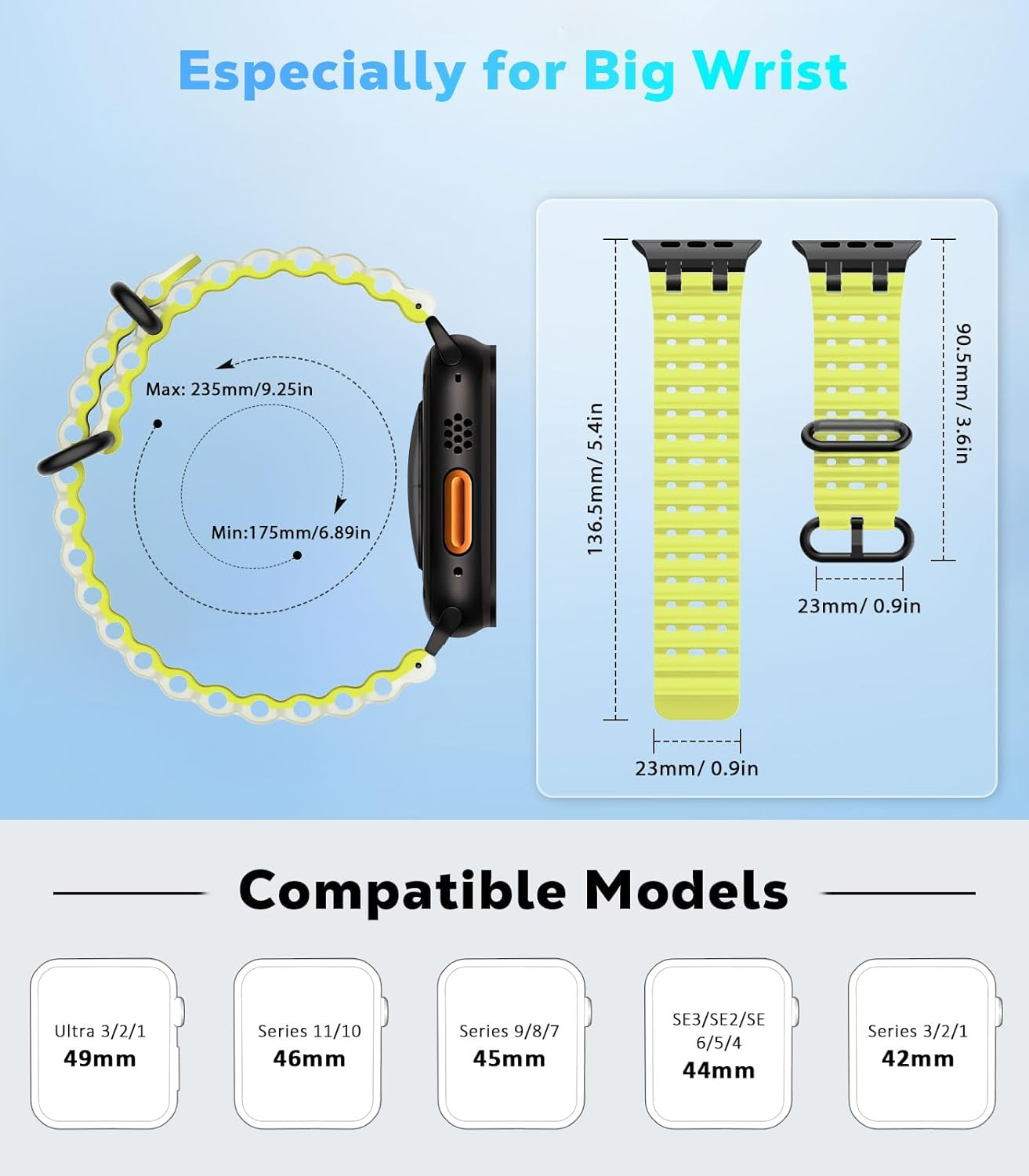 Astorgos Bicolor Ocean Band for Apple Watch Ultra 3/2/1 49 Mm, S11/S10 46 Mm, 9/8/7 45 Mm, SE3/SE2/SE/6/5/4 44 Mm, 3/2/1 42 Mm, Metal Connector Extra Long Breathable Sports Watch Strap, S + TL Green