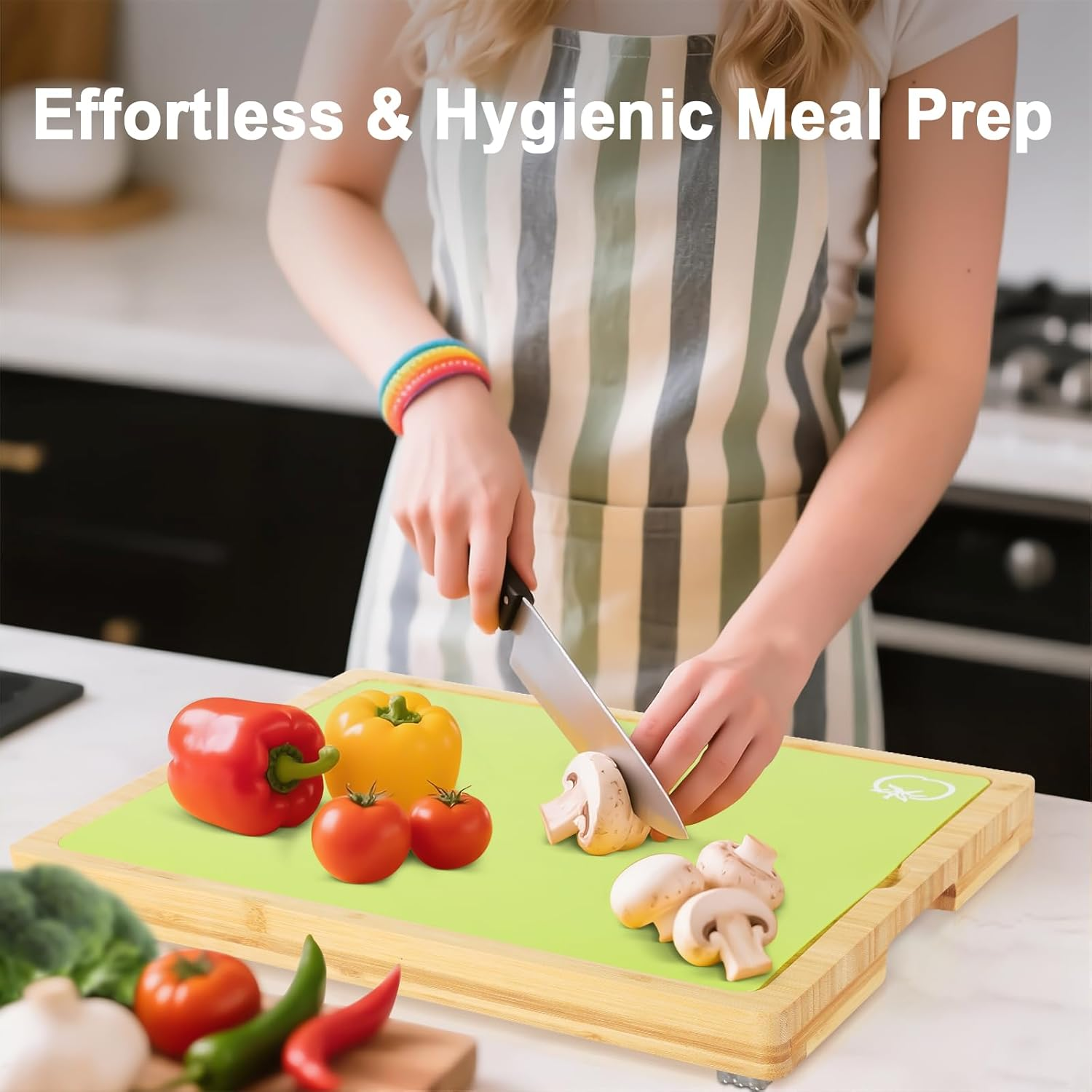 Kisfam Bamboo Chopping Board Set with Holder & 5 Non-Slip Cutting Boards - Color Coded Plastic Mats for Kitchen, Food Safe BPA Free - Cutting Board Storage (Red,Green,Blue,Yellow, Orange) image number 1