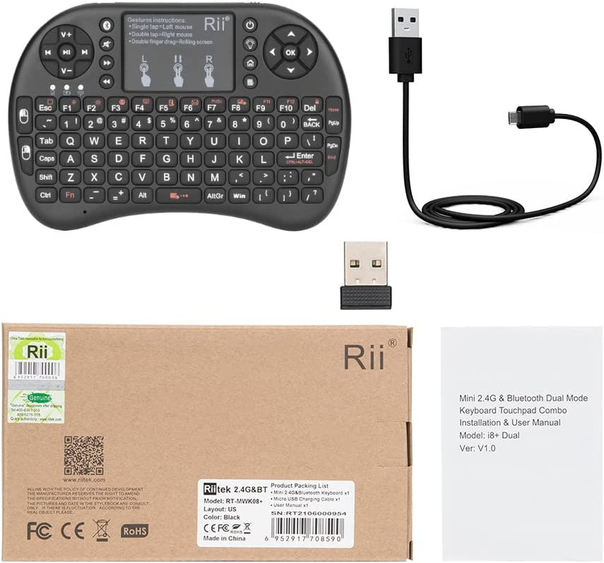 Rii Mini Bluetooth Keyboard with Touchpad＆Qwerty Keyboard, Backlit Portable Wireless Keyboard for Smartphones/Laptop/Pc/Tablets/Windows/Mac/Tv/Xbox/Ps3/Raspberry Pi
