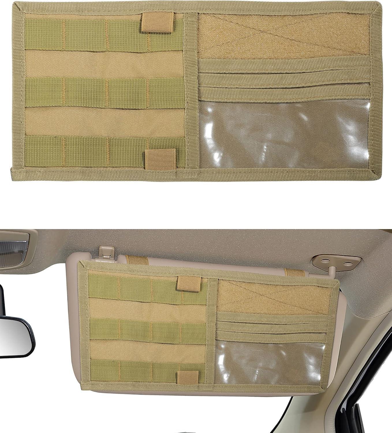 YAKEFLY Car Organizer, Visor Panel with Molle Elastic Straps, Vehicle Sun Visor Holder, Black