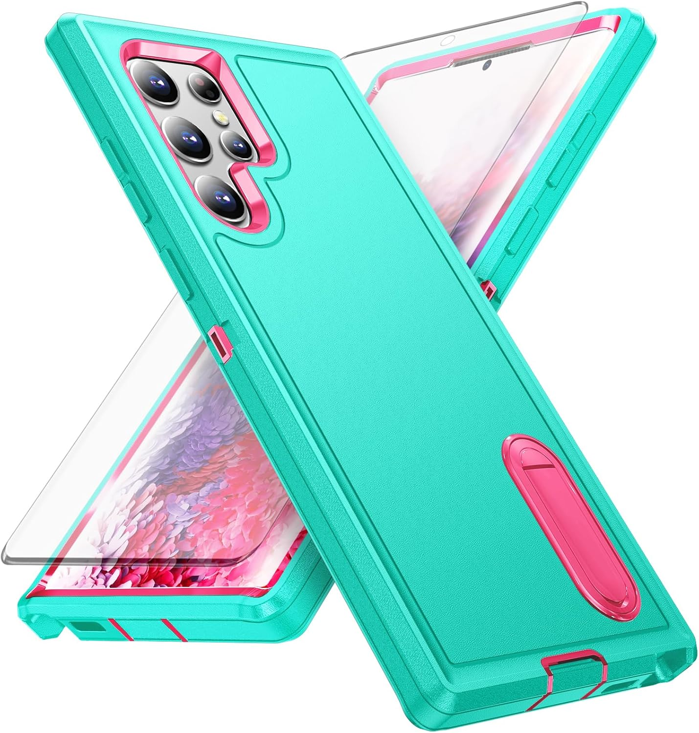 Phone Case for Samsung Galaxy S22 Ultra 5G with Screen Protector Cell Cover Hybrid Hidden Stand Rugged Shockproof Hard Heavy Duty Protective S22Ultra 22S S 22 S22Ultra5G 6.8 Women Men (Black+Black)