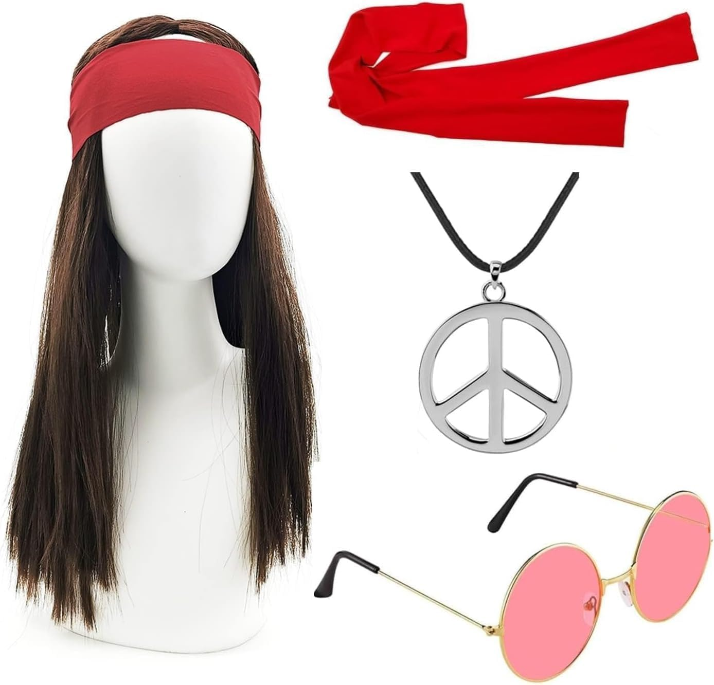 Slowton Hippie Accessories for Men - Retro Disco Outfit for Adult with Brown Wig Red Bandana Glasses and Peace Necklace, Men'S 80S Vintage Fancy Dress for Halloween Party 80S 90S Disco Party image number 2
