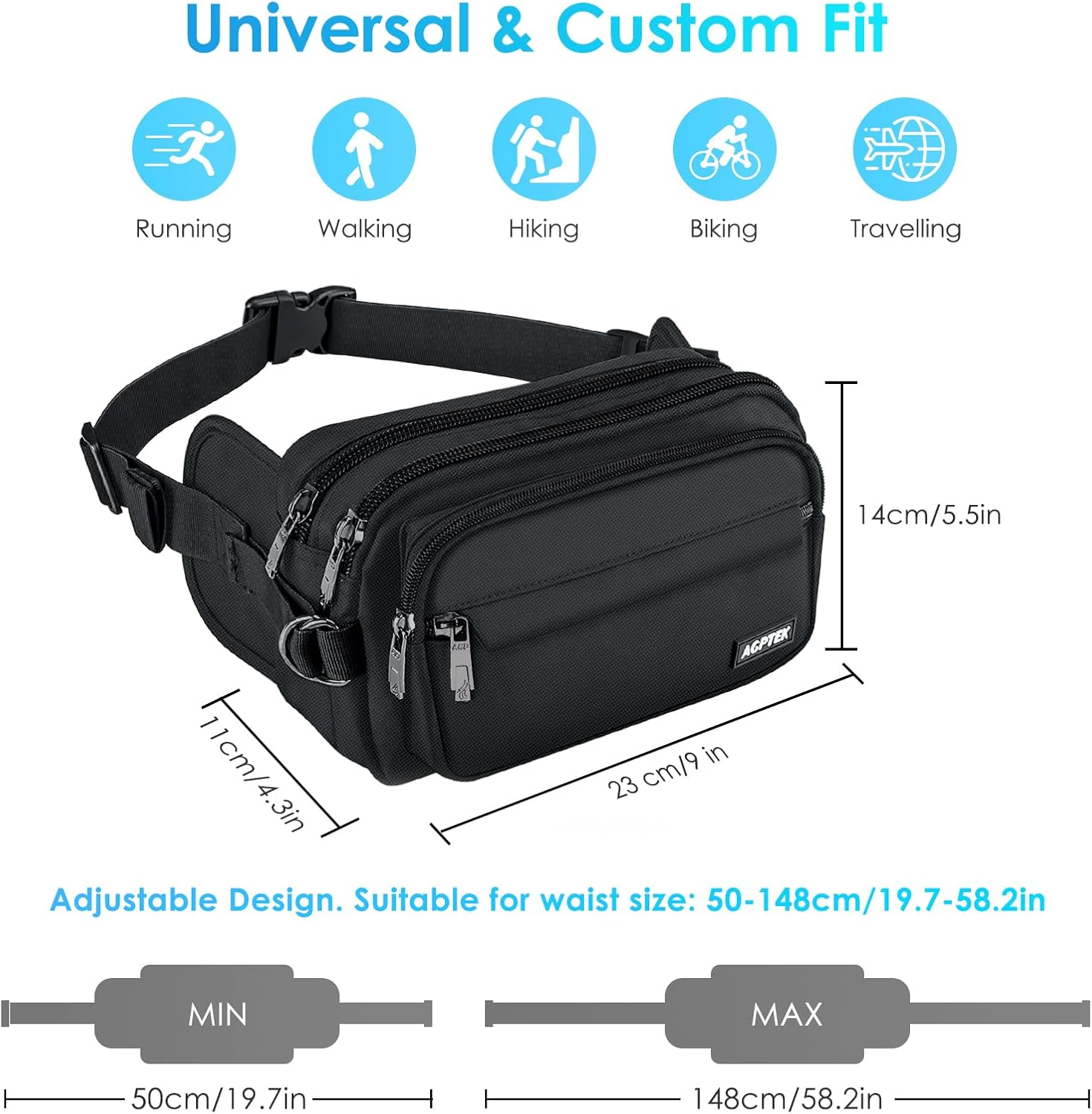 AGPTEK Fanny Pack for Women Men, RFID Large Capacity Waist Wallet Bag, Adjustable & Waterproof Bum Belt Pouch for Travel, Running, Shopping, Hiking, Dog Walking, Cycling, Climbing (Black)