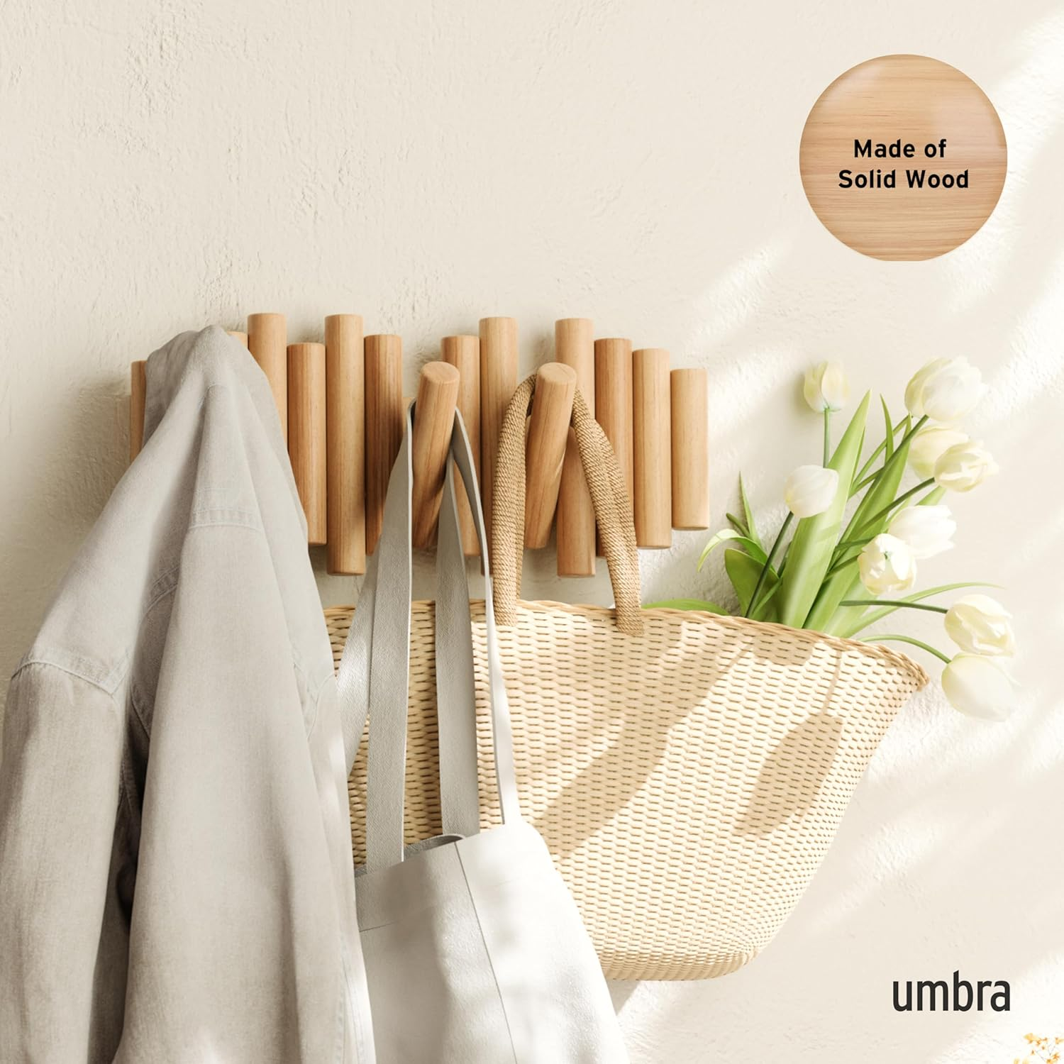 Umbra, Natural Picket 5 Hooks, Wall-Mounted Rail, Doubles as Art, Beveled Pine Wood Dowels, Finish, 14.9 X 6.6 X 1.6 - Natural image number 6