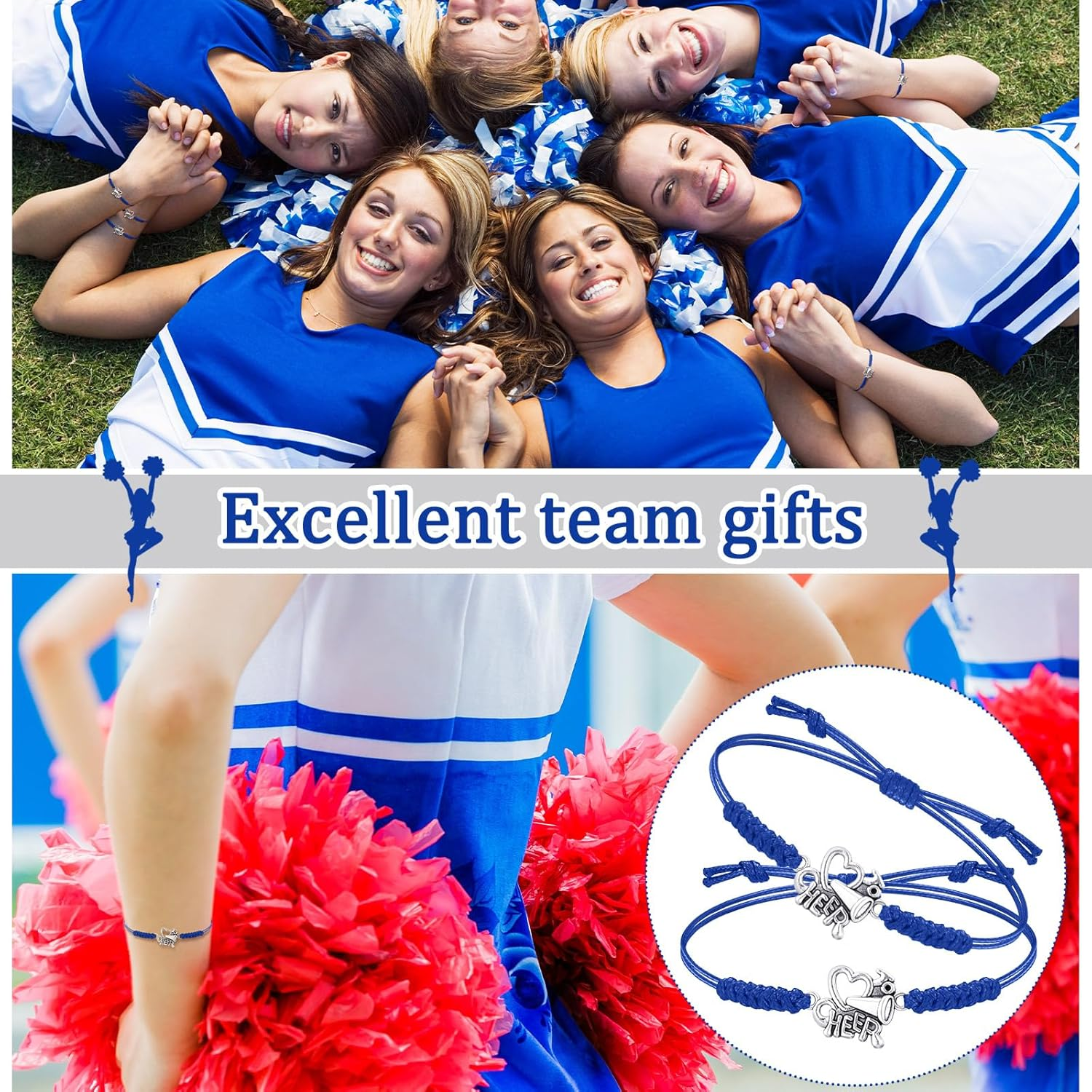 Rtteri 20 Pcs Cheerleader Gifts Cheer Bracelet Girls Cheerleading Charm Bracelet Adjustable Cheerleader Gifts for Cheer Team Cheerleading Jewelry Accessories Bulk - Blue Cheer image number 2