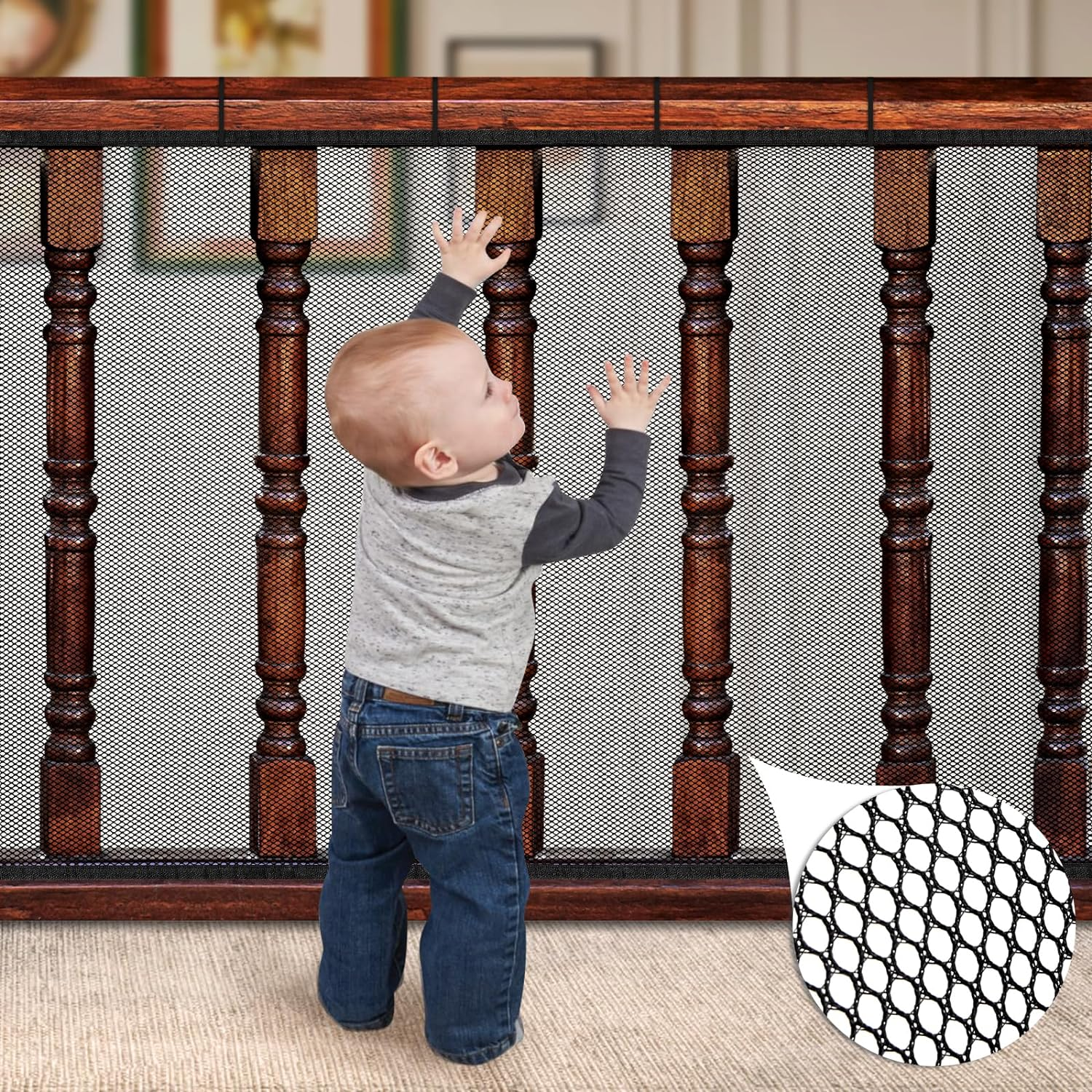 Dovesail Banister Guard 10 Ft L X 3 Ft H, Deck Safety Net for Baby Proofing, Balcony Mesh Netting, Stairway Deck Rail Mesh Netting for Child Safety, Pet Safety & Toy Safety &ndash; Black image number 1