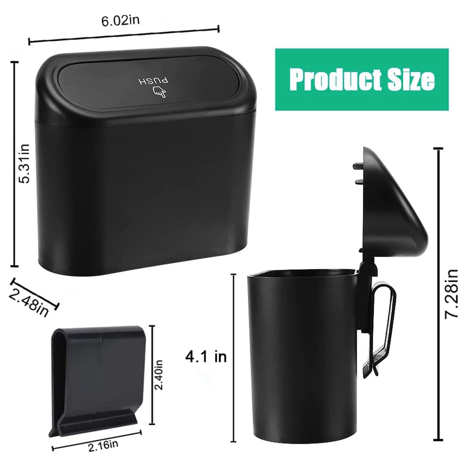 Car Trash Can, Car Trash Bin with Lid, Hanging Mini Vehicle Trash Bin with 60 Car Trash Bags, Car Dustbin Garbage Organizer, Bin Trash Container for Auto Cars, Home, Office（Black） image number 3