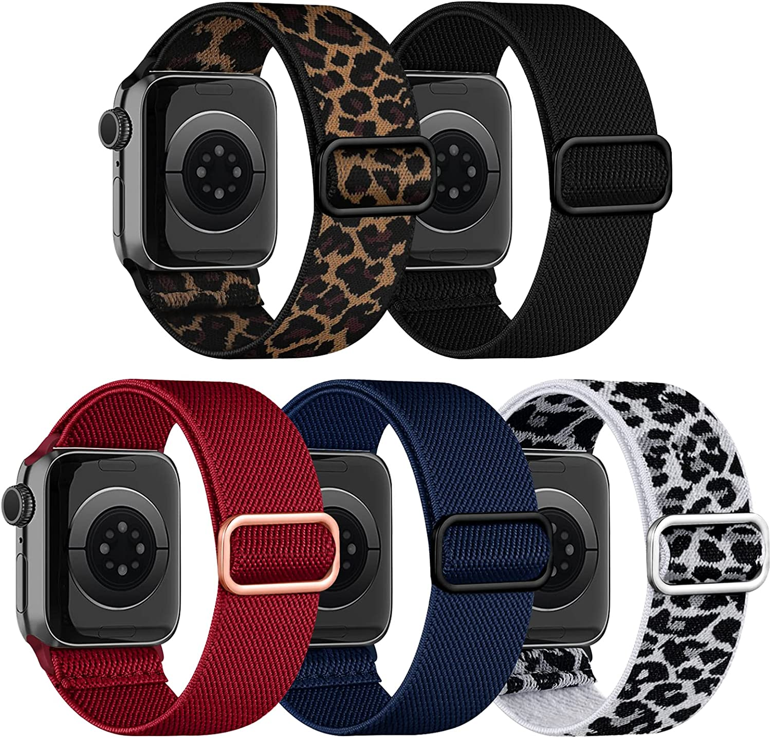 Chinbersky 5 Pack Watch Straps Compatible with Apple Watch Strap 38Mm 40Mm 41Mm 42Mm 44Mm 45Mm, Braided Elastic Stretchy Nylon Sport Solo Loop Band Replacement Straps for Iwatch Series 7/6/5/4/3/2/1