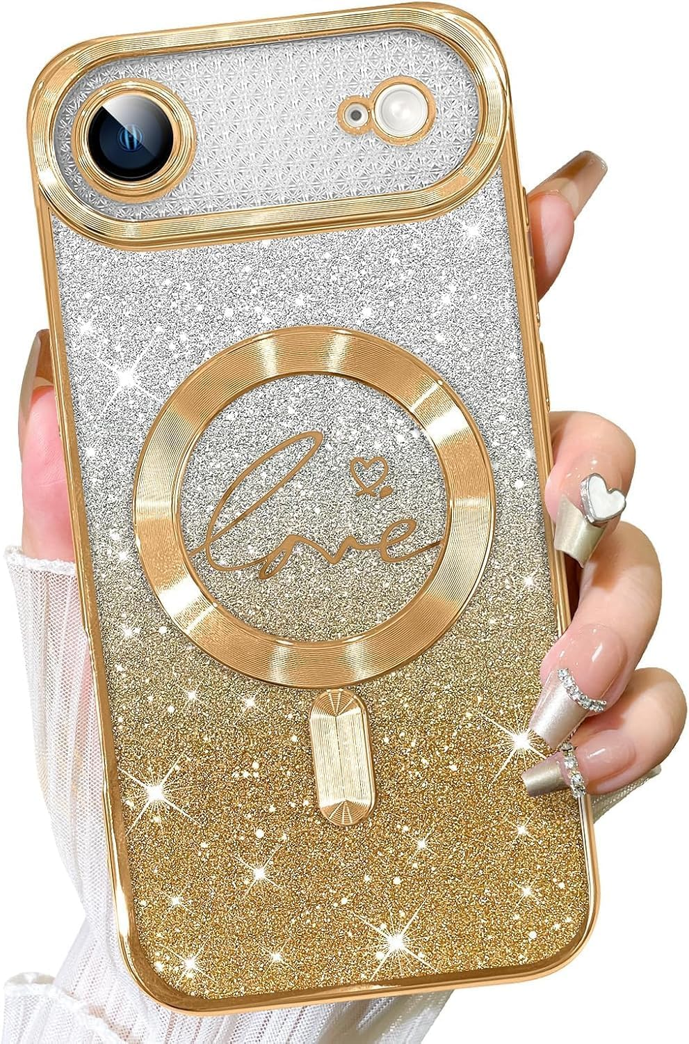 ELEPIK for Iphone 17 Case with Camera Protector, [Full Camera Cover Protection] [Compatible with Magsafe] [Love Heart Plating] [Glitter Bling Plating] Clear Magnetic Slim Phone Case, Gold