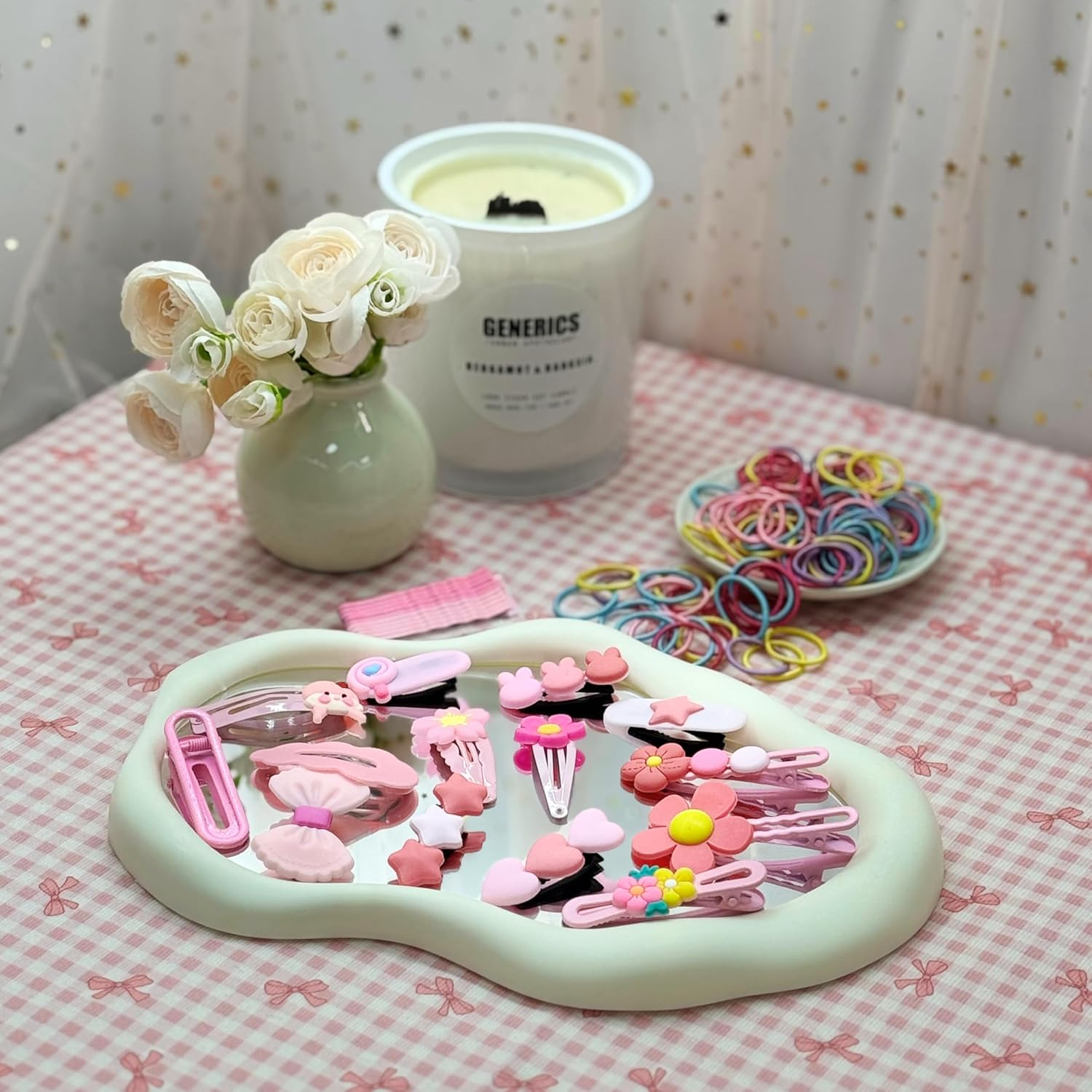 124-Piece Kids Hair Accessories Set, 14 Pcs Decorative Hair Clips with Hearts Stars Flowers Bows, 100 Hair Ties, 10 Bobby Pins (Pink) - Purple image number 3