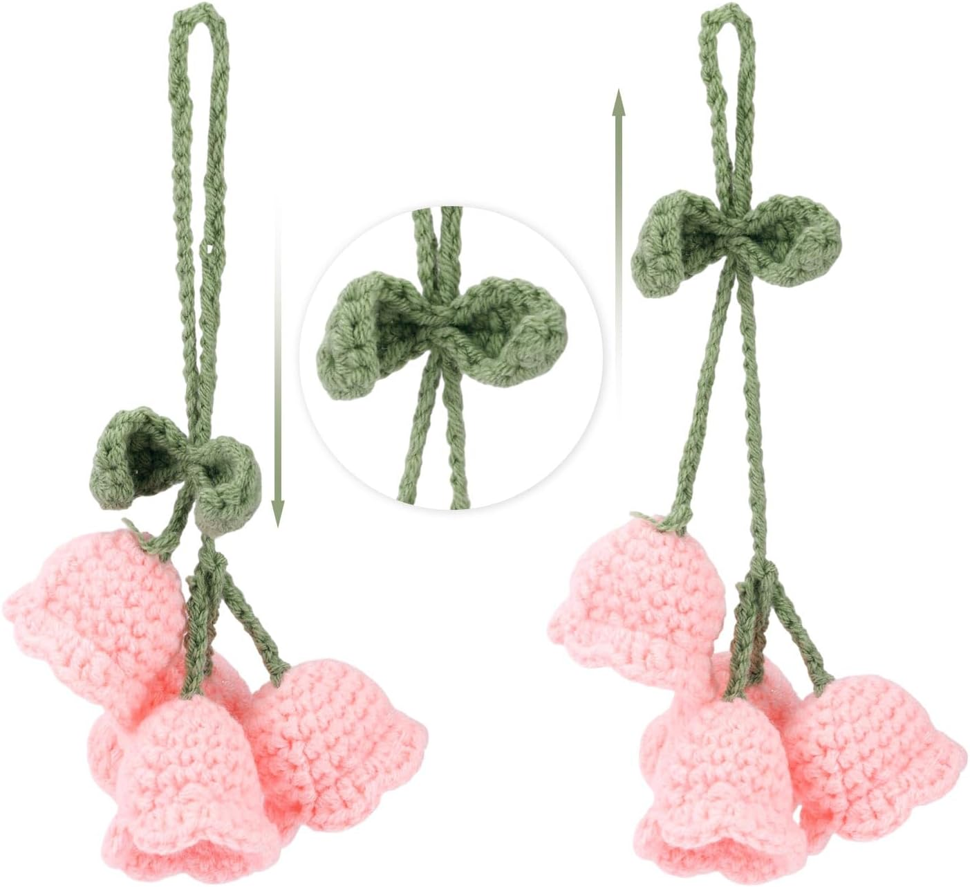 2Pcs Crochet Lily of the Valley Car Accessories, Cute Floral Rear View Mirror Hanging Decor Knitted Pendant for Women Perfect for Personalizing Your Car Interior (Pink) image number 5