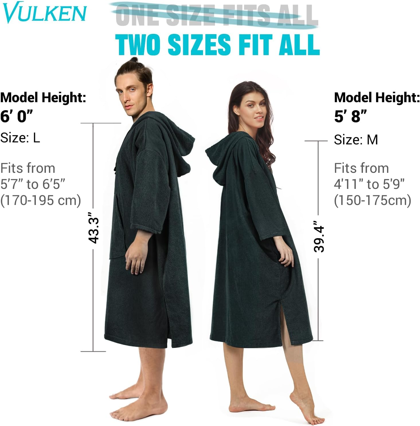 Vulken Thick Hooded Beach Towel Changing Robe, 3/4 Sleeve Surf Poncho for Men and Women, Easy Change, Microfiber Towelling for Beach Swimming, 39" X 33", Black image number 3