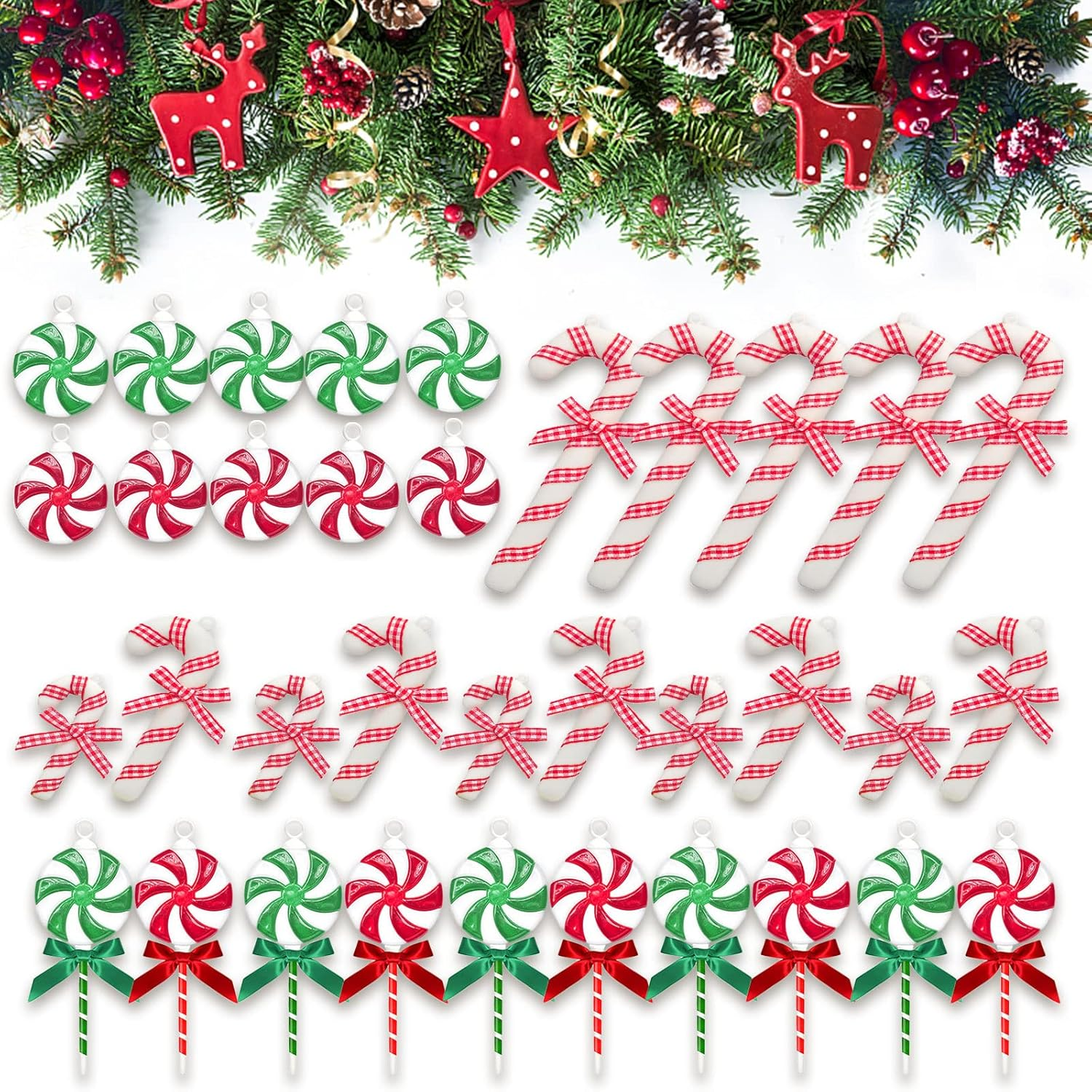 35 Pcs Shatterproof Christmas Candy Decorations Plastic Candy Cane Swirl Peppermint Lollipop Christmas Tree Hanging Ornaments, Colorful Acrylic Sweets Pendant with Bow & Rope for Holiday Party Supply