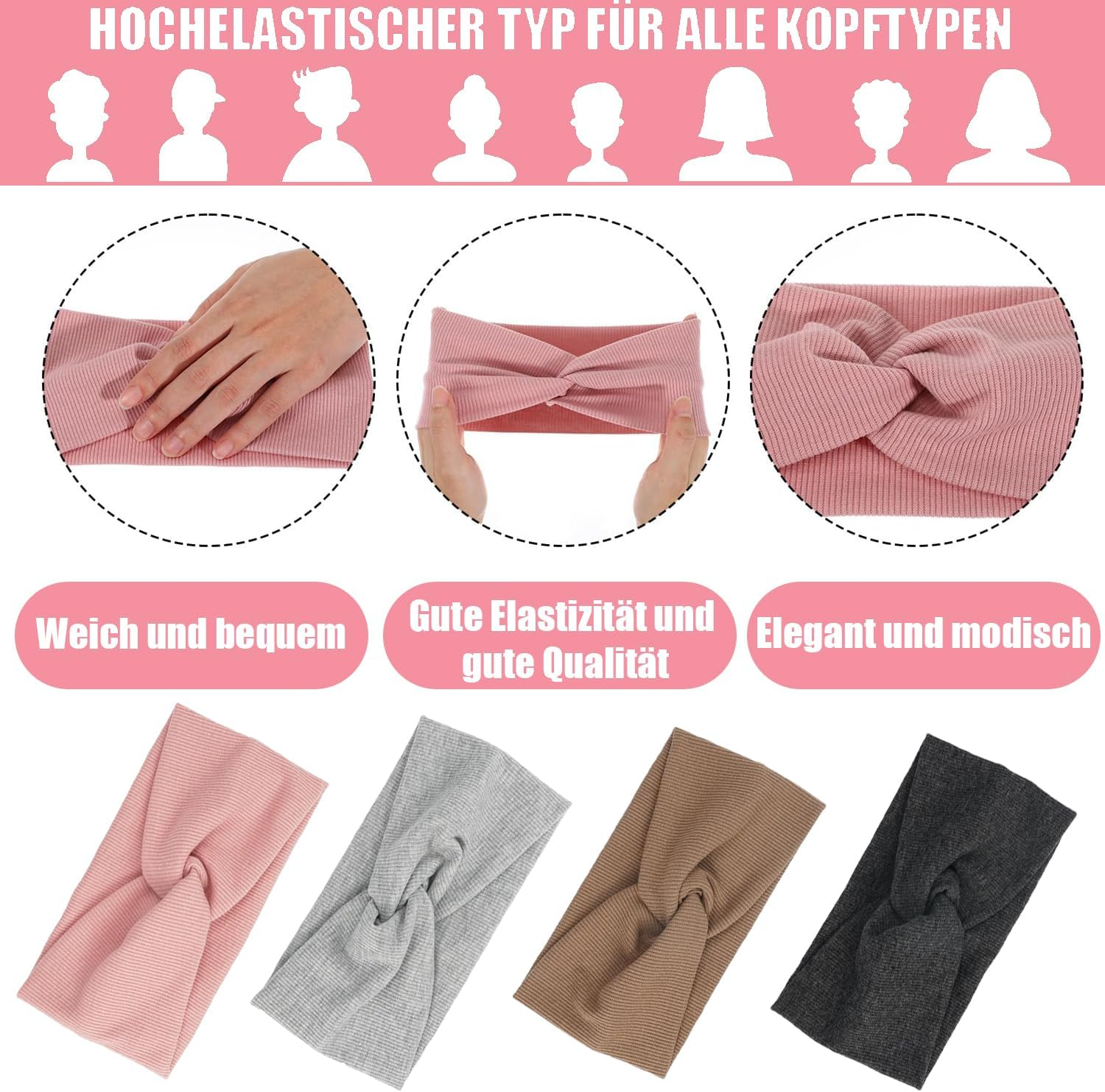 Norhogo Pack of 4 Women'S Winter Hair Bands, Elastic Wide Headband, Twisted Knotted Stretchy Wrap Boho Headbands, Sports Headband, Yoga Hair Accessories for Women Girls, 4 Colours image number 5