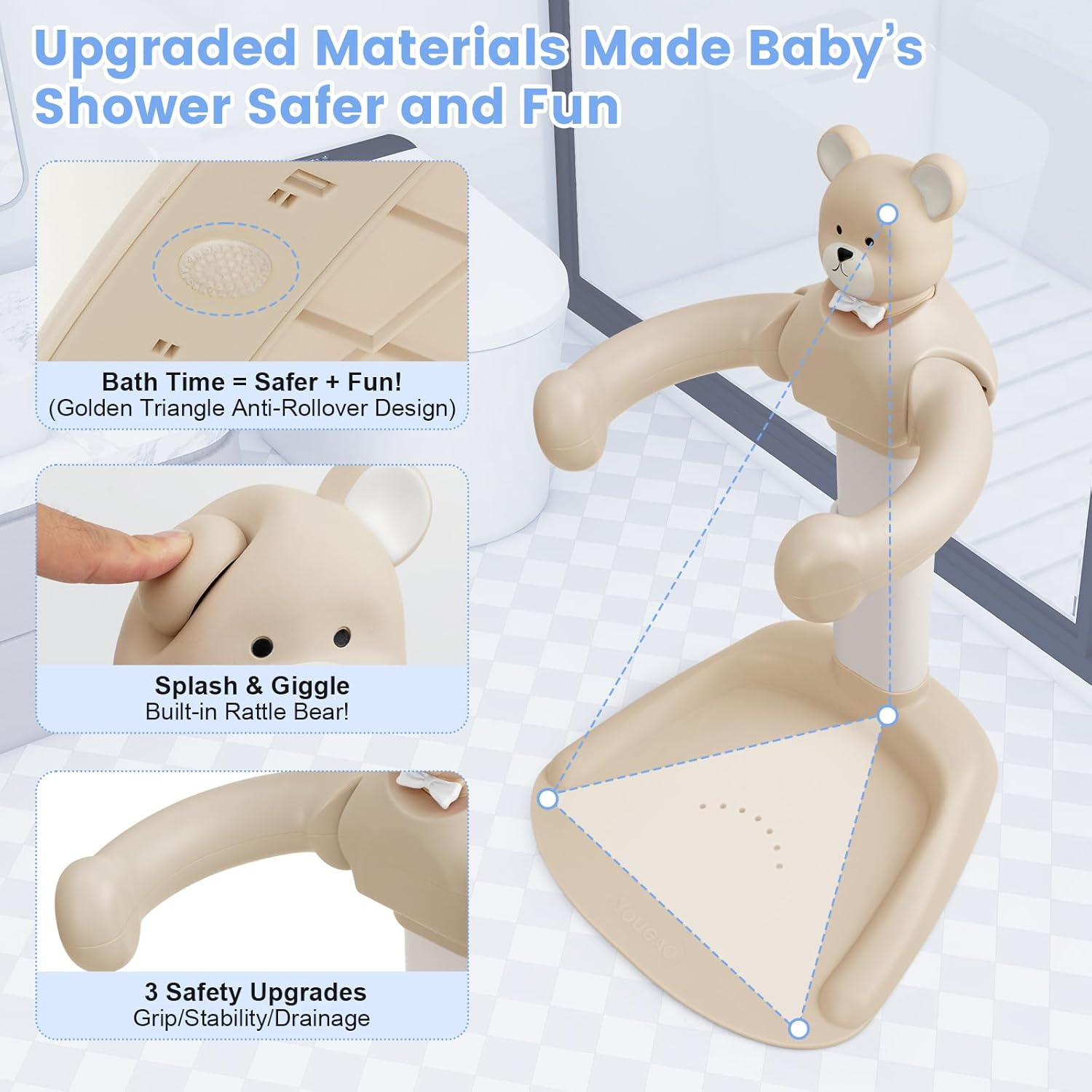 JOLLY BOFFIN Adjustable Baby Shower Stand with Slip Base, Huggable Bear Bathing Support, Bath Standing Seat image number 4