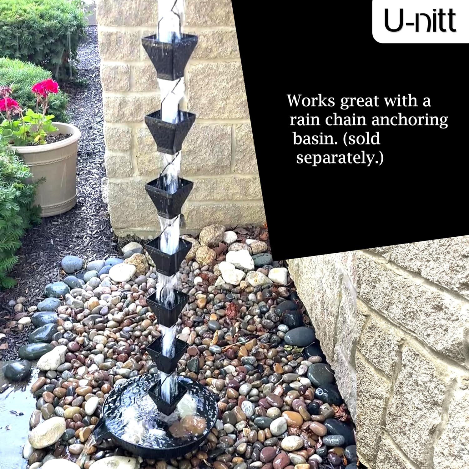 U-Nitt Rain Chain Water Collection for Gutters, Rainwater Catcher & Diverter, 8.5 FT Chains for outside Garden, Black Square Cups, Roof Downspout, Works with Heavy Rain, W/Gutter Clip for Rainchains image number 6