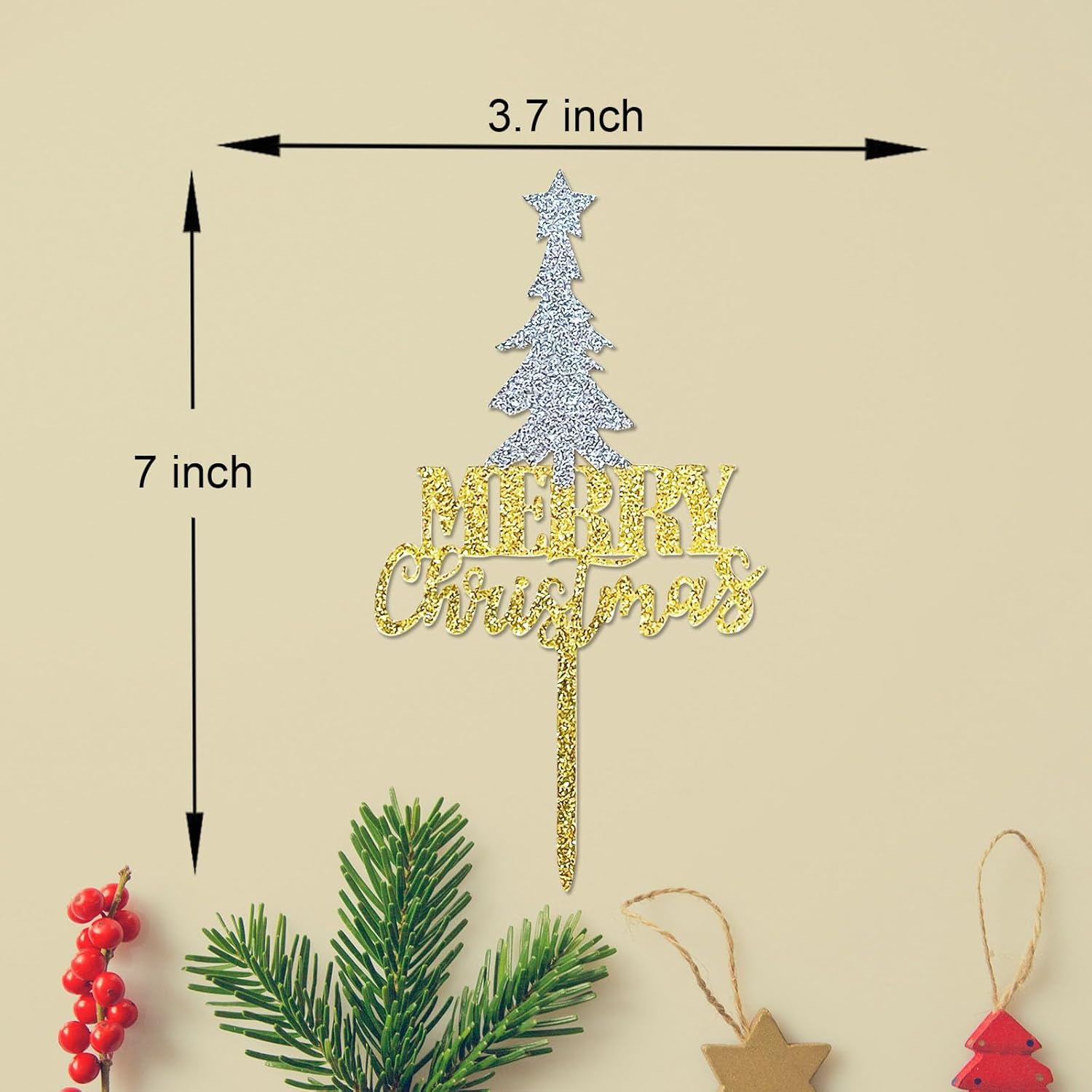 Merry Christmas Cake Topper, Gold Glitter Acrylic Christmas Tree Cake Picks for Christmas Winter Happy New Year Party Supply Decoration