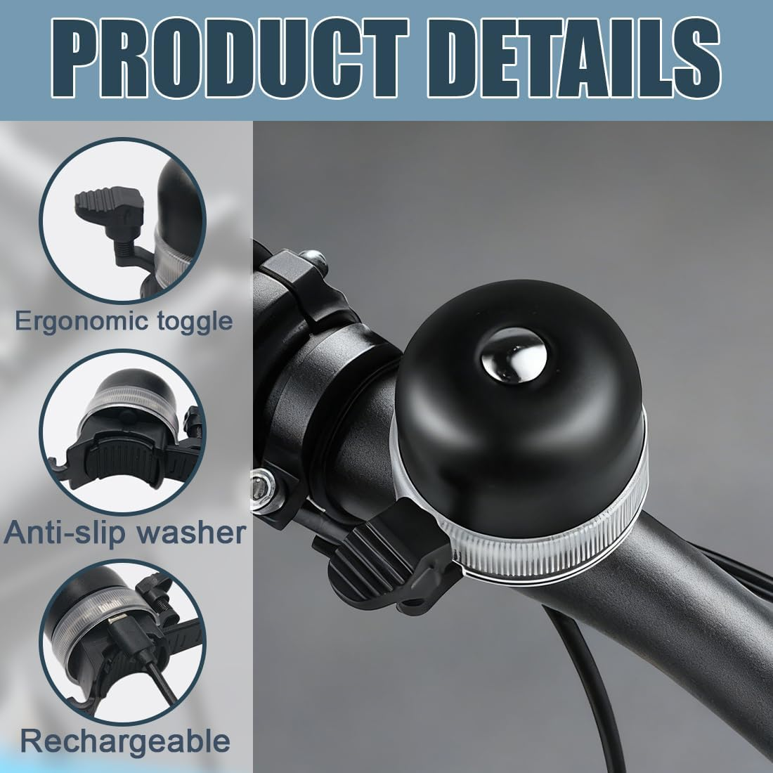 Tomedeks Pack of 2 Bicycle Bell with Lighting Black Bicycle Bell with 3 Adjustable Light Modes image number 1