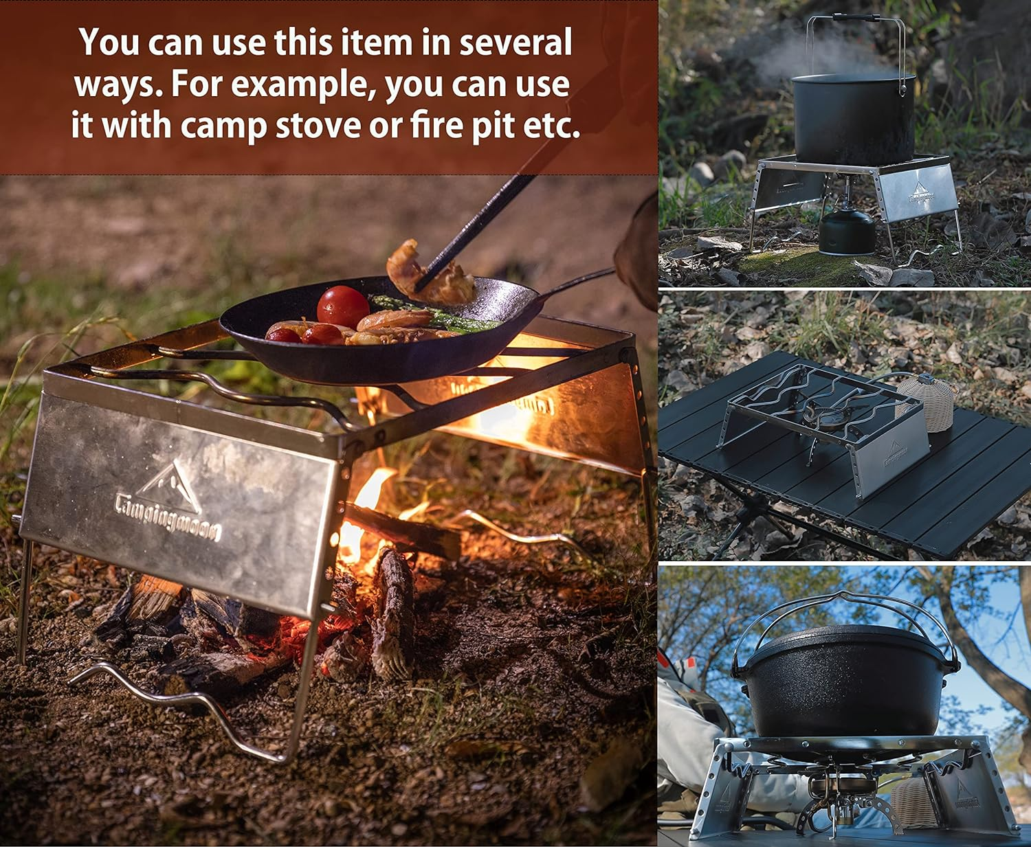 CAMPINGMOON 304 Stainless Steel Portable Open Fire Campfire Grill for Dutch Oven Cooking Ware with Windscreen Legs and Carrying Bag MS-1018 image number 3