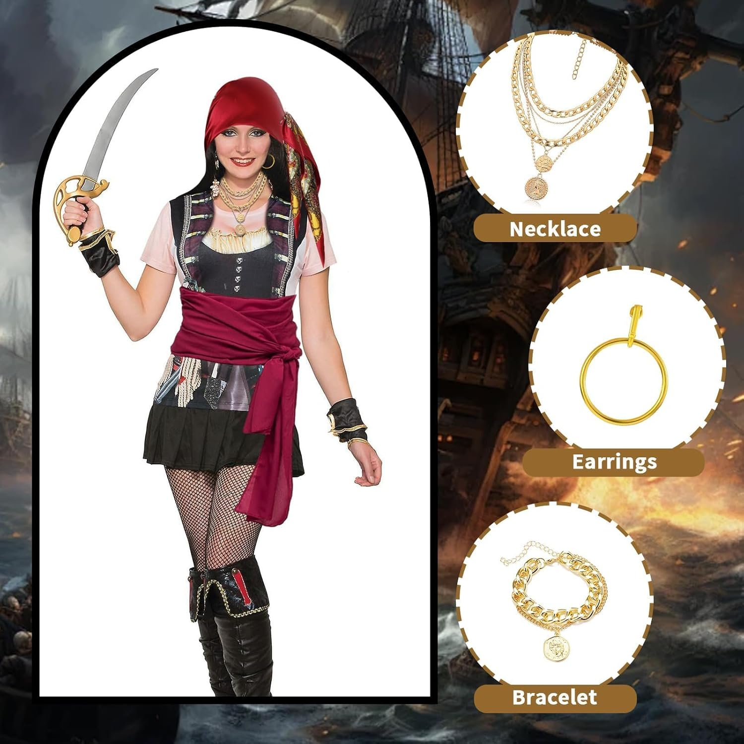 Women&rsquo;S Pirate Costume Accessories Set &ndash; 6Pcs Halloween Pirate Role Play Kit with Red Bandana Sash Belt Eye Patch Gold Earrings Necklace & Bracelet for Cosplay Masquerade Party Stage Performance image number 1