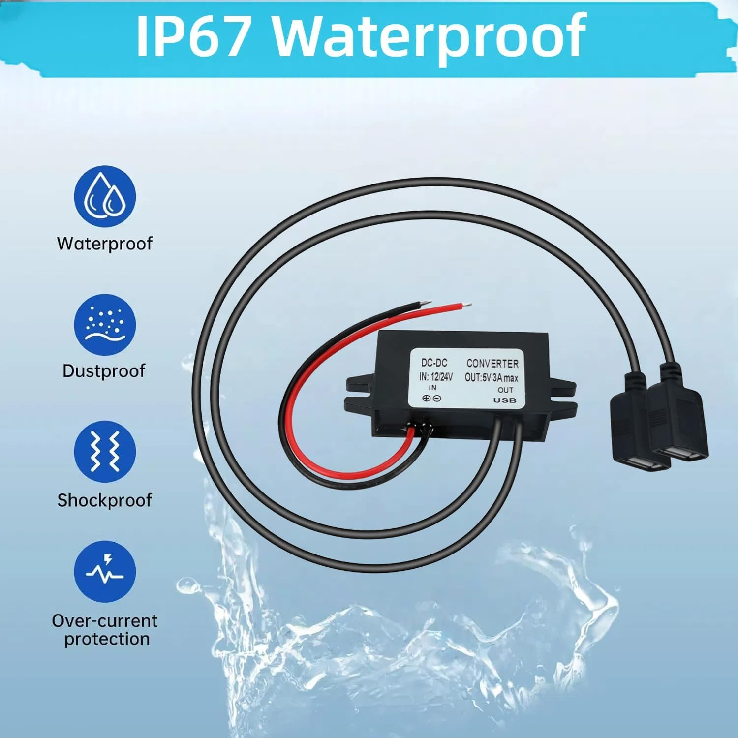 DC DC down Adapter 12V/24V to USB 5V 3A Converter Regulator Cable, 12V/24V to 5V Step-Down Converter, Non-Insulated Buck Power Converter (Input 8-32V) image number 4
