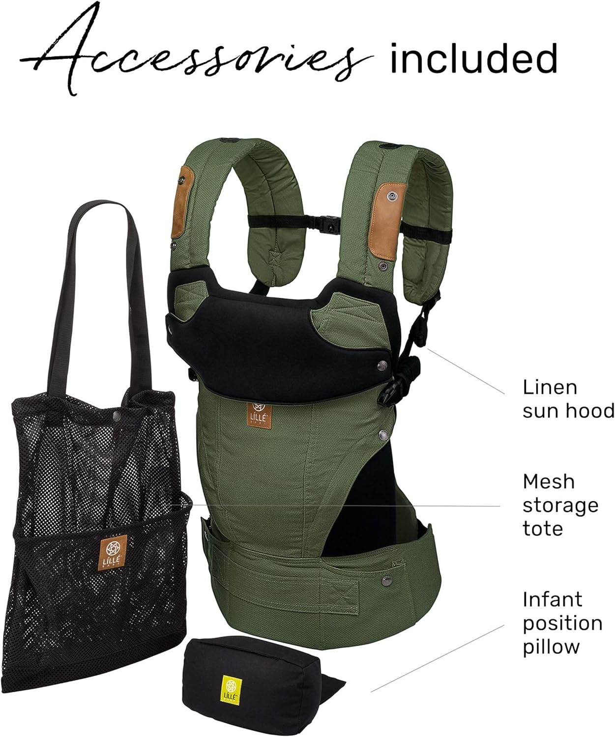 Lillebaby Elevate Baby Carrier (Olive) - Ergonomic, Lightweight and Breathable/Multiposition, Hands Free Baby Carrier, Two-Way Adjustable Straps, Adjustable Head Support, for Newborns and Toddlers