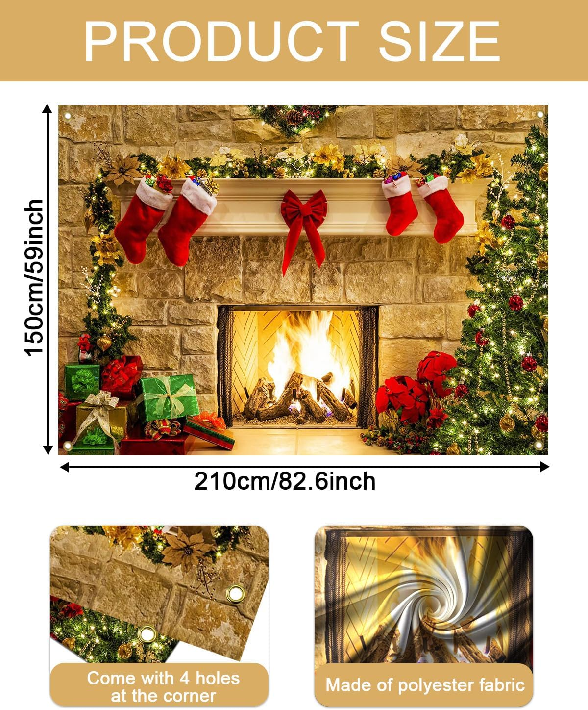 Mocsicka Christmas Themed Background Christmas Fireplace Backdrop Christmas Tree Gift Box Red Boots Adorn Background 8X6Ft Vinyl Backdrop Childrens Party Photography Background