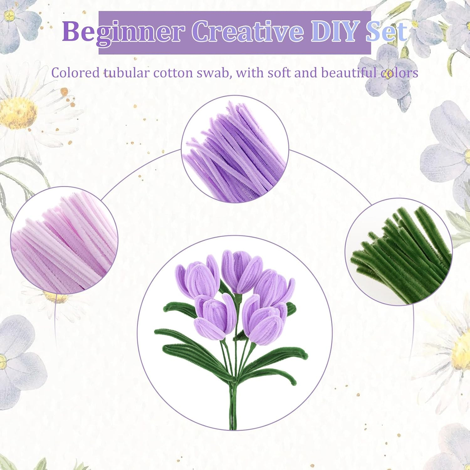 Fwqofvk Pipe Cleaner, Twisted Stick Bouquet with Tubular Cotton Swab Flower Stalk Gardening Tape Ribbon Creative DIY Kit, for DIY Art and Craft Creative Gift Party Decorations 30Cm (Purple) - Pink image number 5