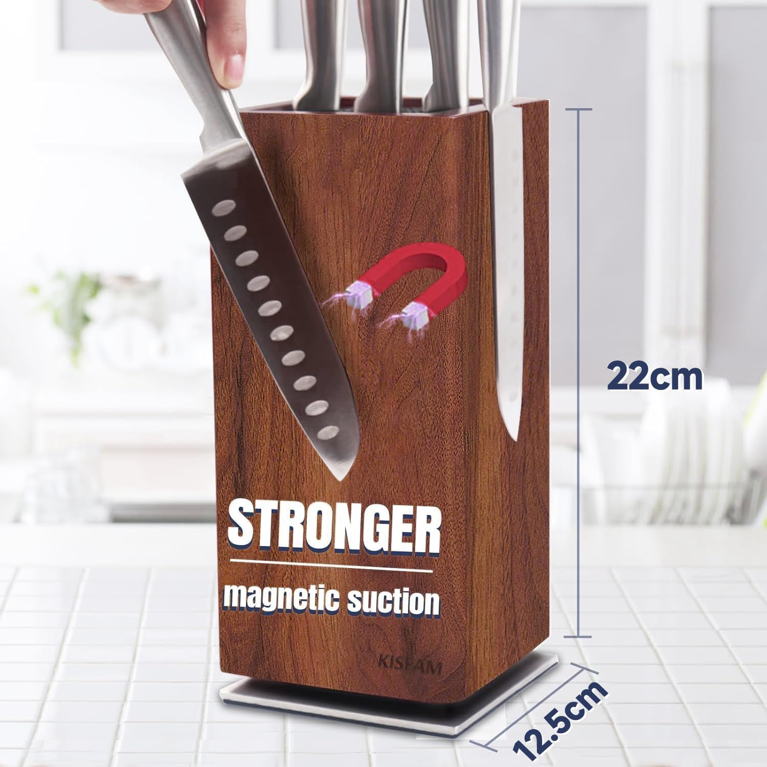 Magnetic Knife Block without Knives, 360&deg; Rotatable Magnet Knife Holder Stand Made of Fine Acacia Wood, Extra Large Capacity Knife Storage for Knives and Utensils for Kitchen Counter Top
