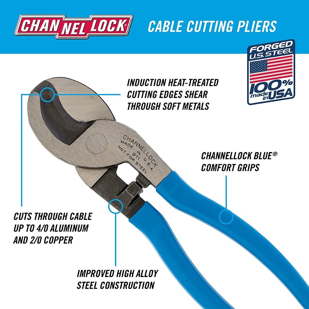 Channellock 911 9.5-Inch Cable Cutter | Ideal for Cutting Coaxial Cable, Aluminum and Copper Cabling | Pliers Forged from High Alloy Steel | Made in the USA image number 3
