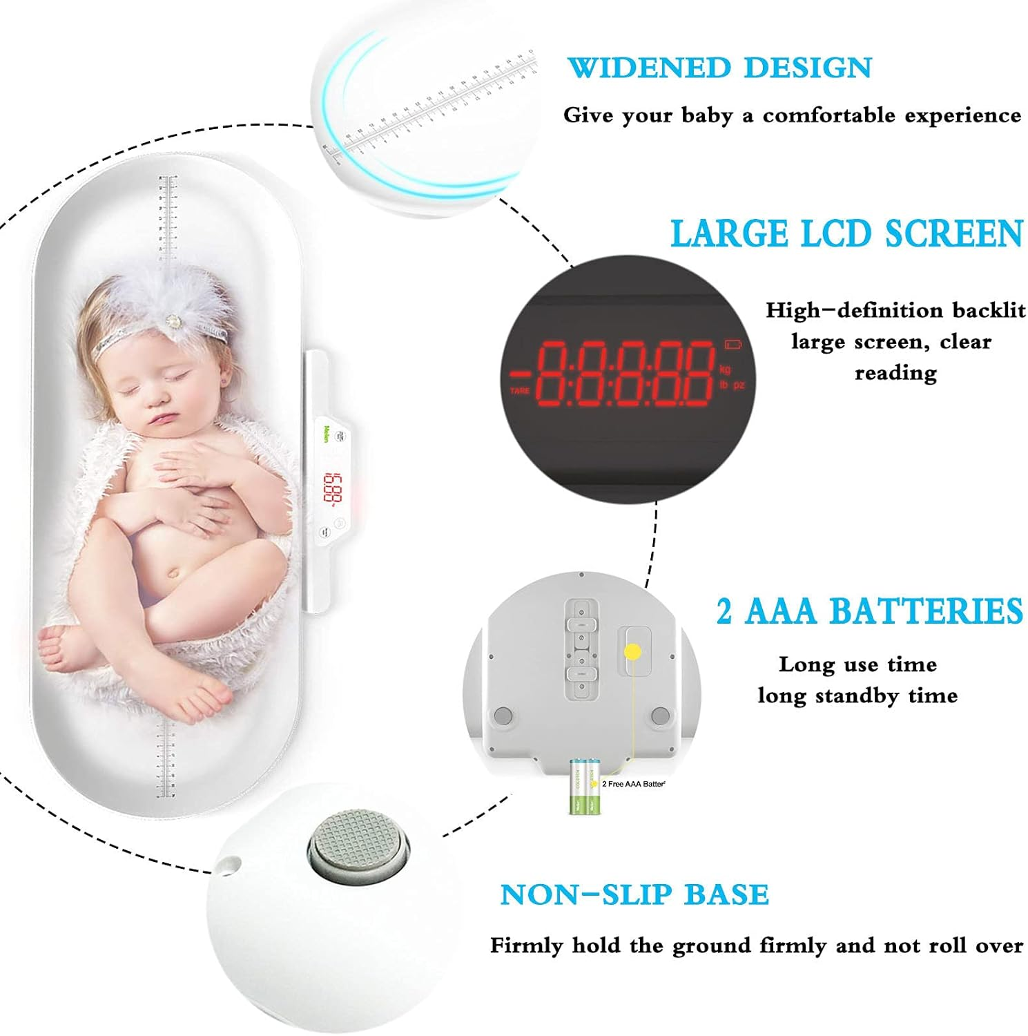 Baby Scale,Multi-Function Toddler Scale,Precision at 10G Measure Weight Accurately(Max: 220Lb) LCD Blue Backlight Comes with 2 AAA Batteries. image number 4
