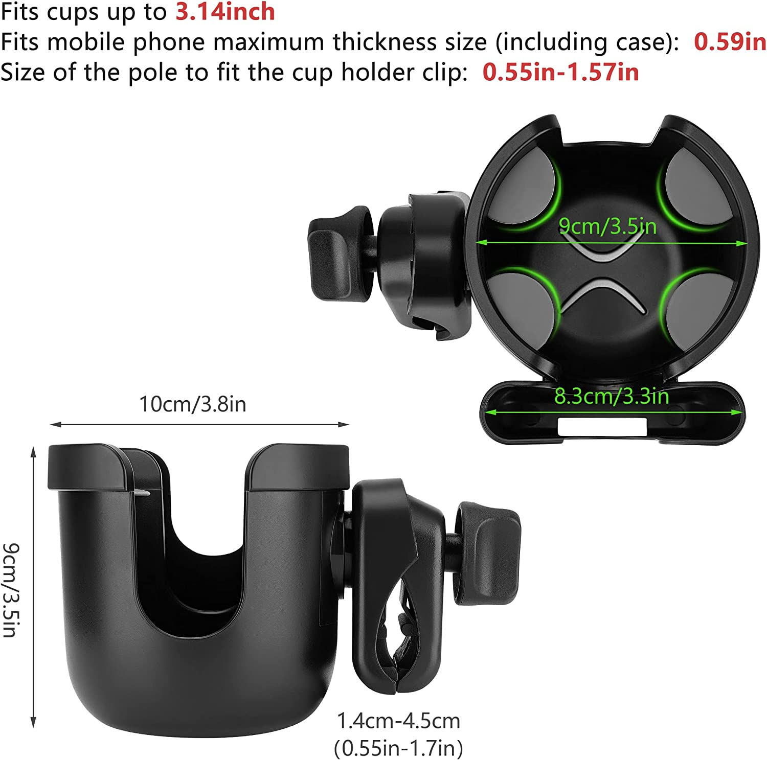 Universal Stroller Cup Holder, 2 in 1 Drink Holder with Phone Holder for Uppababy, Nuna,Buggy Pushchair, Wheelchair, Walker, Bike, Scooter(Black) image number 5