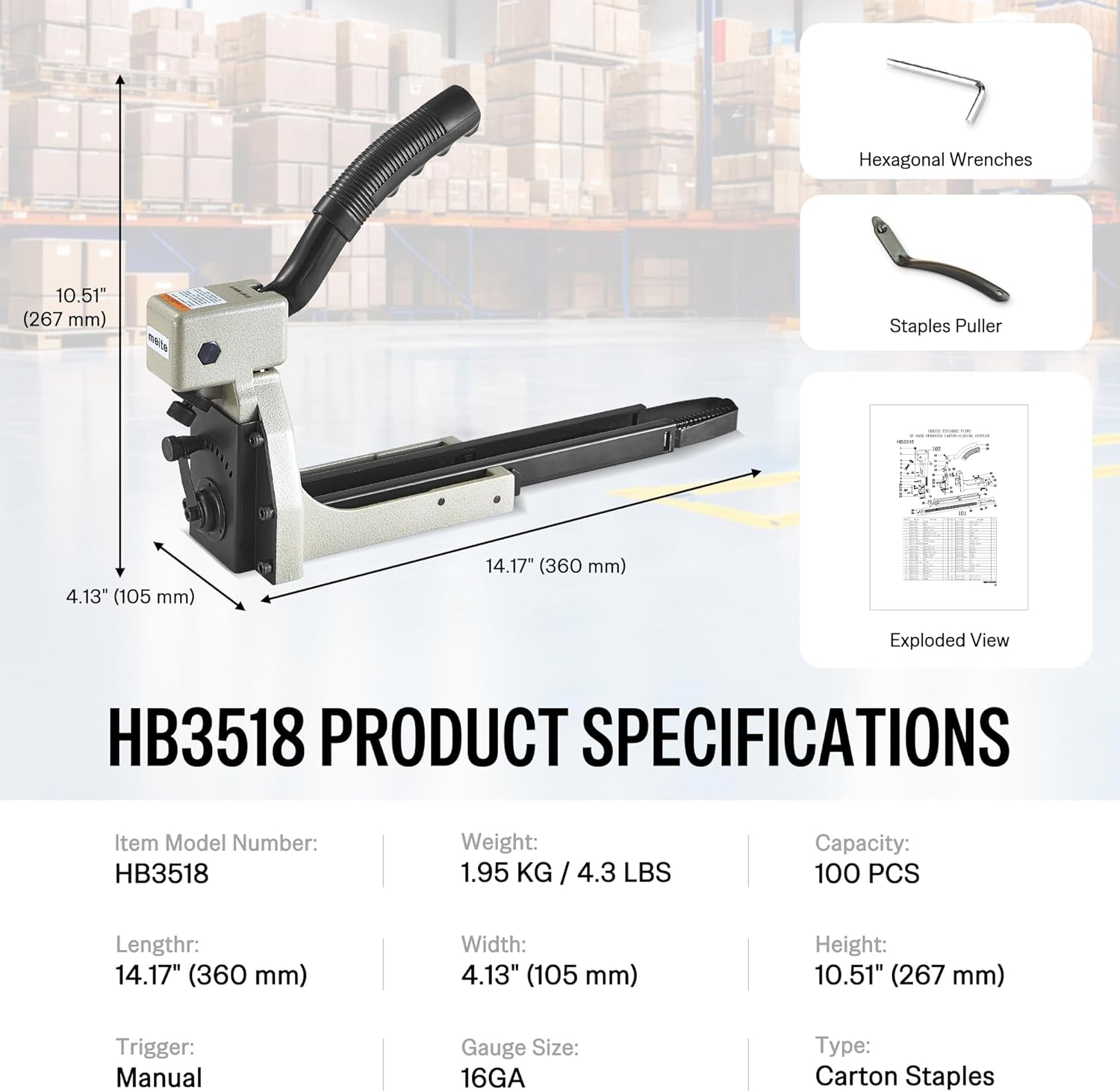 Meite HB3518 Manual Carton Closing Stapler for Cardboard Box Assembly, Uses 34.7Mm Crown 18Mm Length Carton Closing Staples image number 5