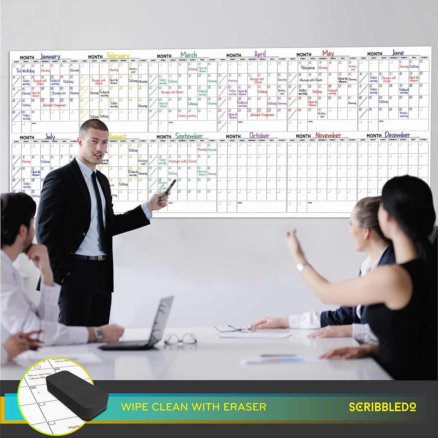Extra Large 100"X36" White Board Calendar Dry Erase Calendar for Wall 12 Month Planner Big Dry Erase Wall Calendar 2023 Monthly Large Wall Calendar Includes 6 Markers Eraser Push Pins & Mounting Tape image number 5