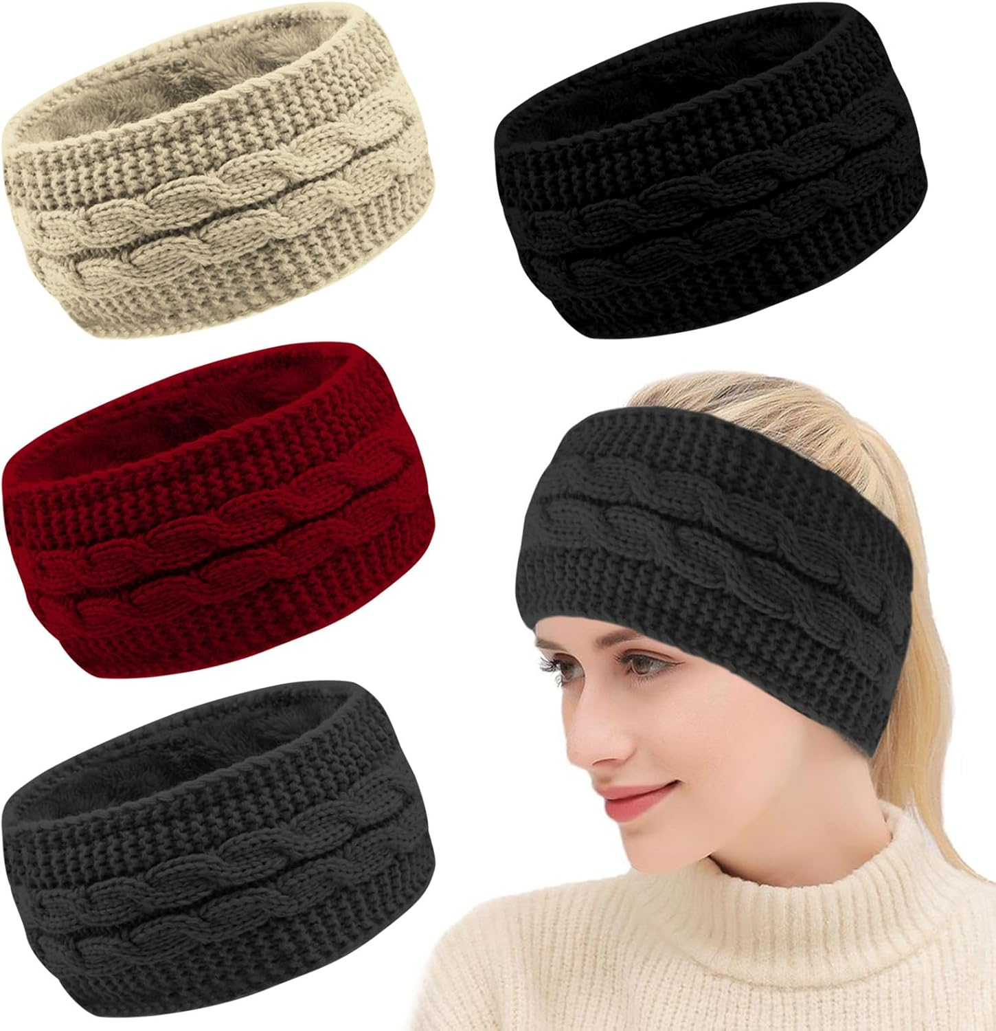 Pack of 4 Women'S Winter Warm Headband Winter Thick Knitted Headbands Lined Winter Headband Women for Running Workout Skiing image number 1
