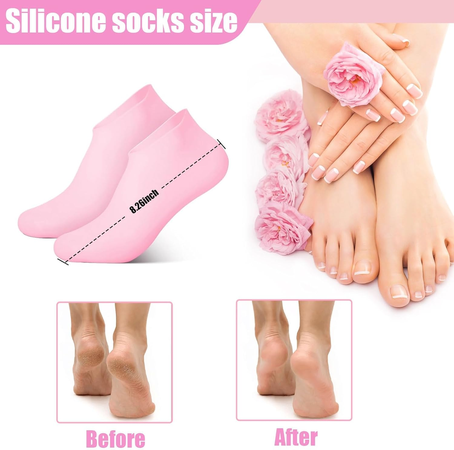 Silicone Socks for Women, 2 Pairs Moisturizing Foot Socks, Soft Gel Socks for Repairing Dry Cracking Foot Skin, Softening Rough Skin (Pink) image number 4