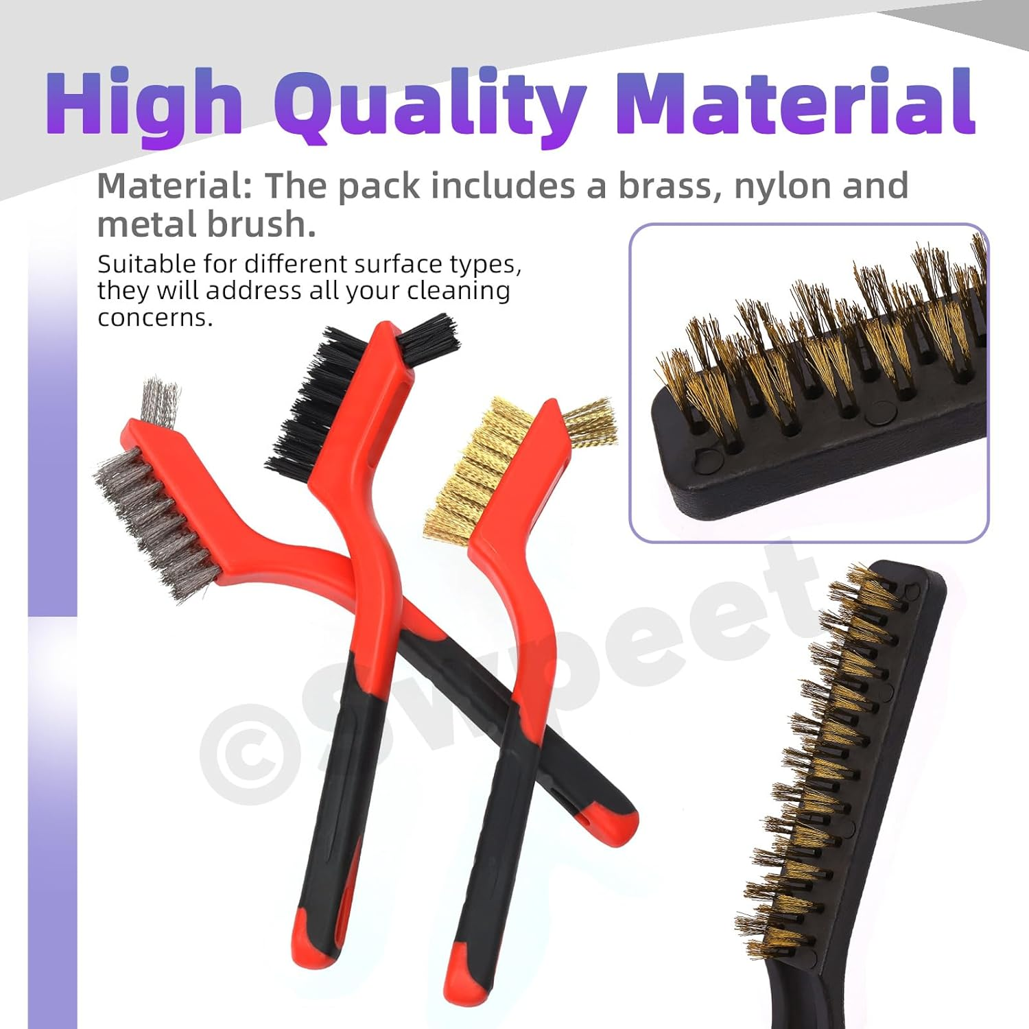 Swpeet 8Pcs Red Small Wire Brush Set, Wire Brush Shovel Set with Curved Handle Grip for Cleaning Rust, Included 2Pcs Brass Brushes, 2Pcs Stainless Steel Brushes, 2Pcs Nylon Brushes, 2Pcs Scraper image number 2