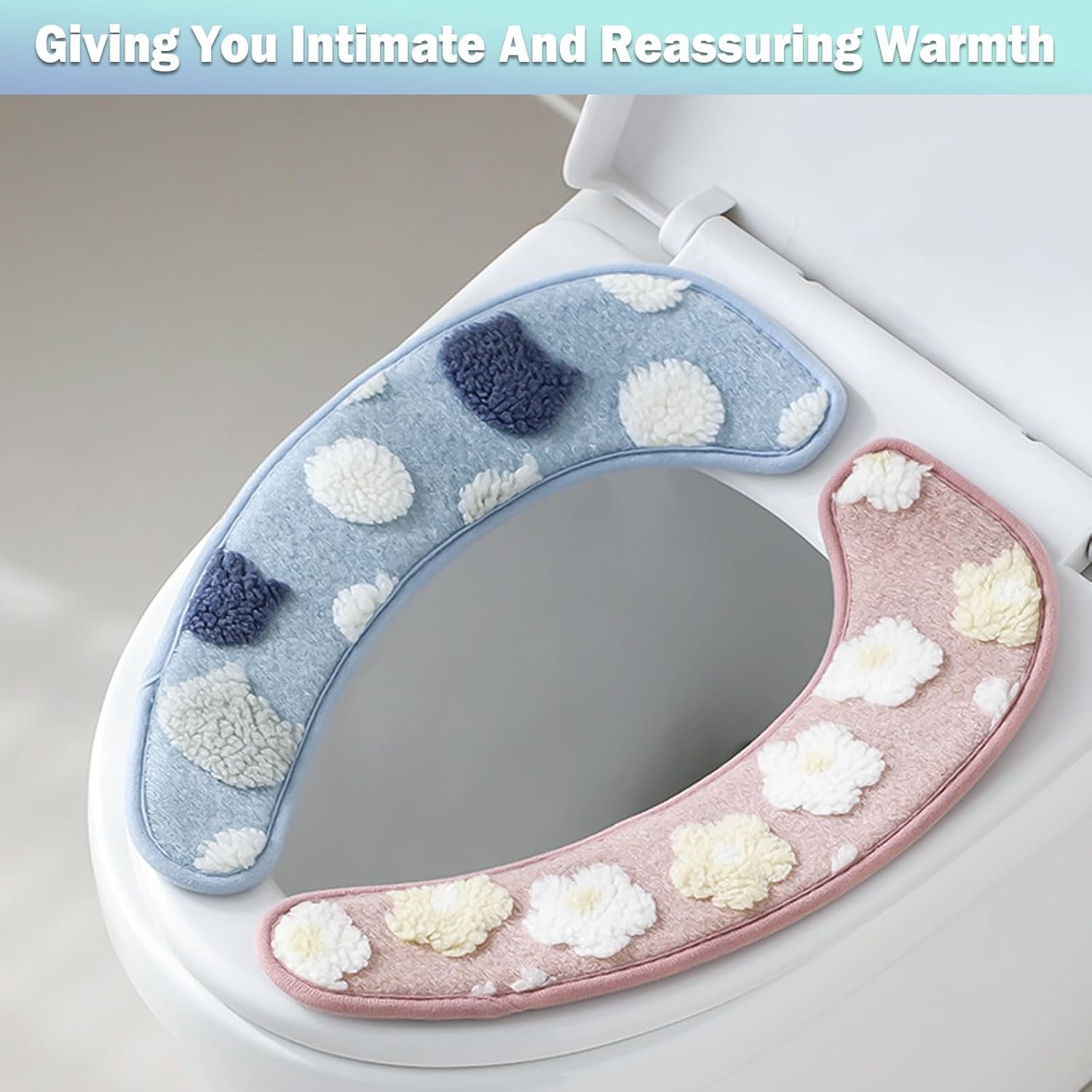 Iensen Thick and Warm Toilet Seat Cover &ndash; Washable, Reusable Cushion with TPR Adhesive Back & Decorative Pattern for Comfort & Insulation (Blue)