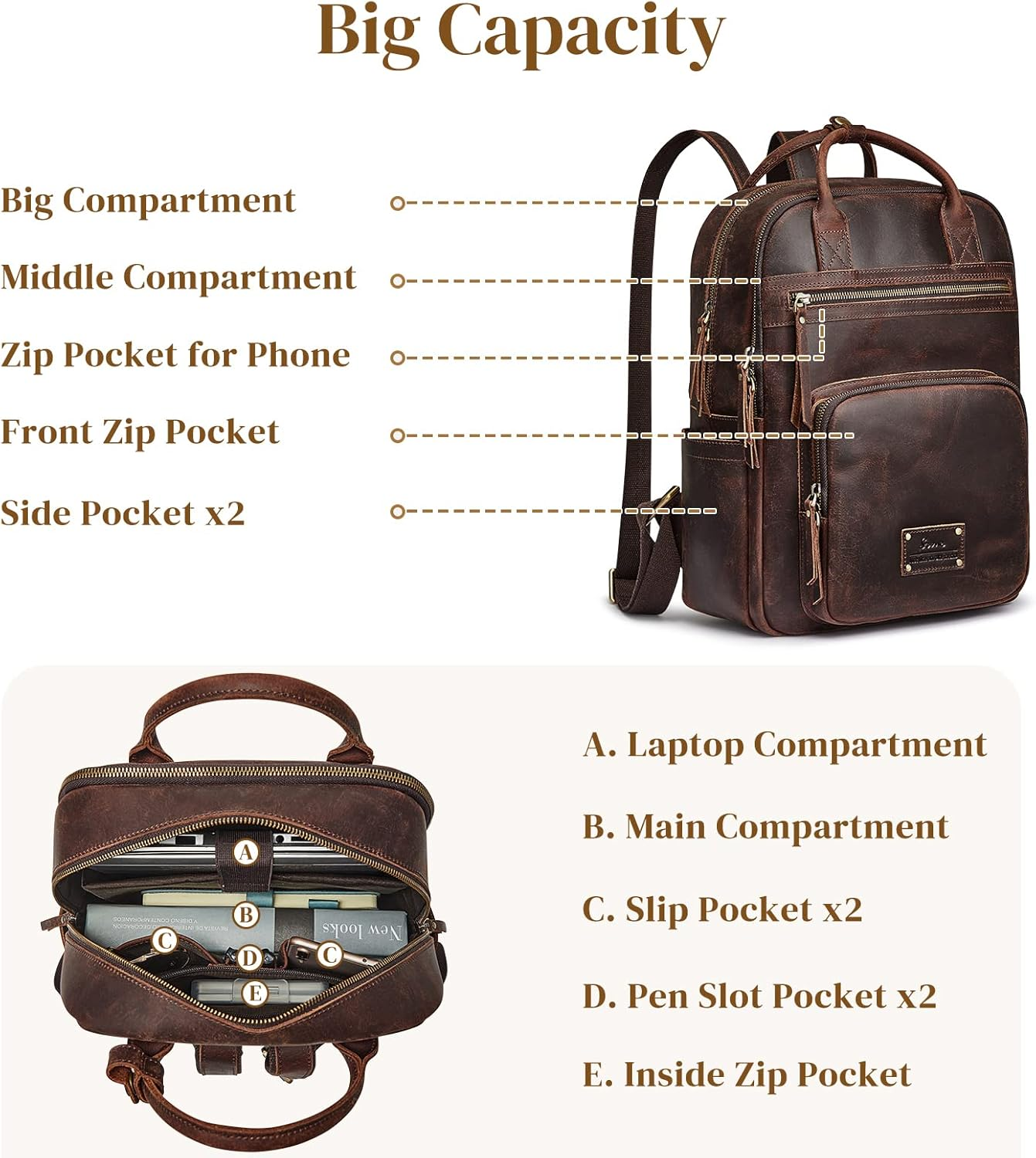 S-ZONE Vintage Genuine Leather Backpack Purse for Women Men Rucksack Travel Daypack with Luggage Sleeve image number 1