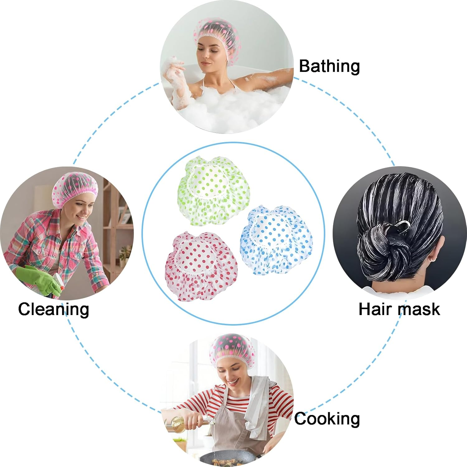 Rylaxzon 3Pcs Multi - Purpose Adjustable Polka Dot Shower Caps for Women, Kids and Baby Care - Waterproof Reusable for Bath, Face Care, Kitchen, Cleaning image number 5