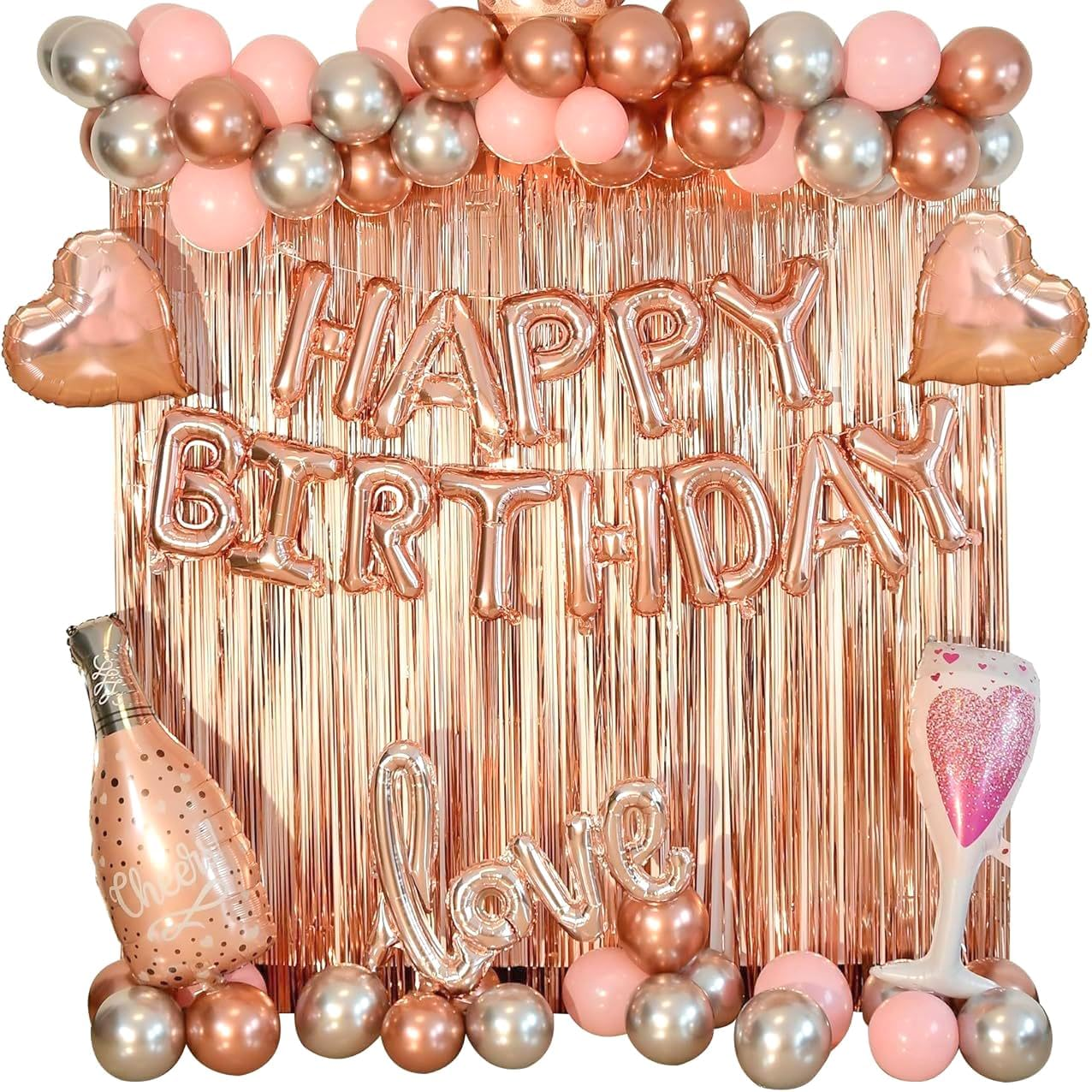 Rose Gold Birthday Decorations for Women, Girls Princess Happy Birthday Party Banner Pink Gold Bachelor Party Balloon with Fringe Curtain, Hearts, Wine Glasses, Crown , Love Aluminum Balloon image number 6