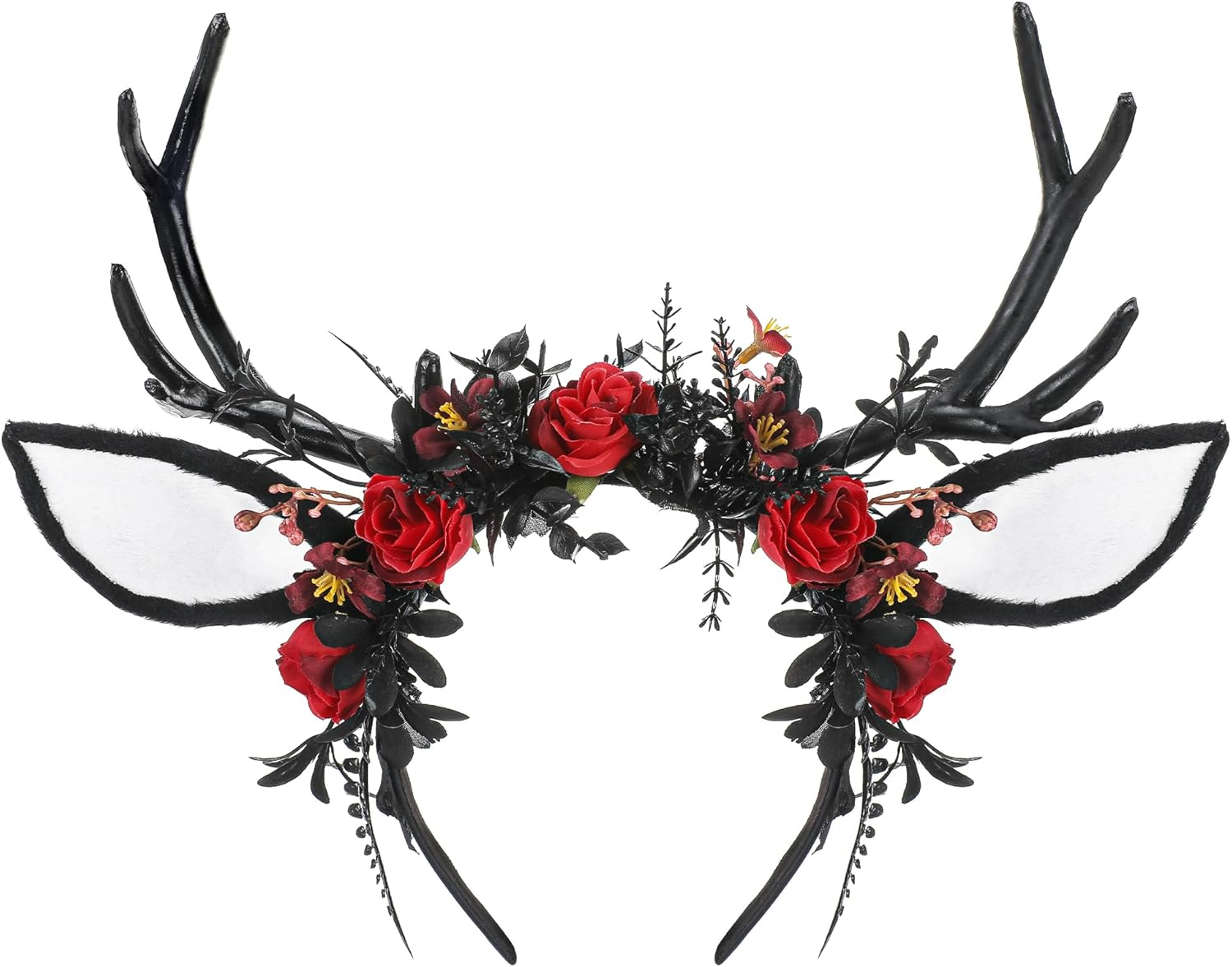 MOSTORY Black Flower Antler Headband - Dark Floral Decorated Antler Headband with Deer Ears, Gothic Reindeer Headpiece for Renaissance Renfaire Outfit, Halloween Deer Cosplay image number 2