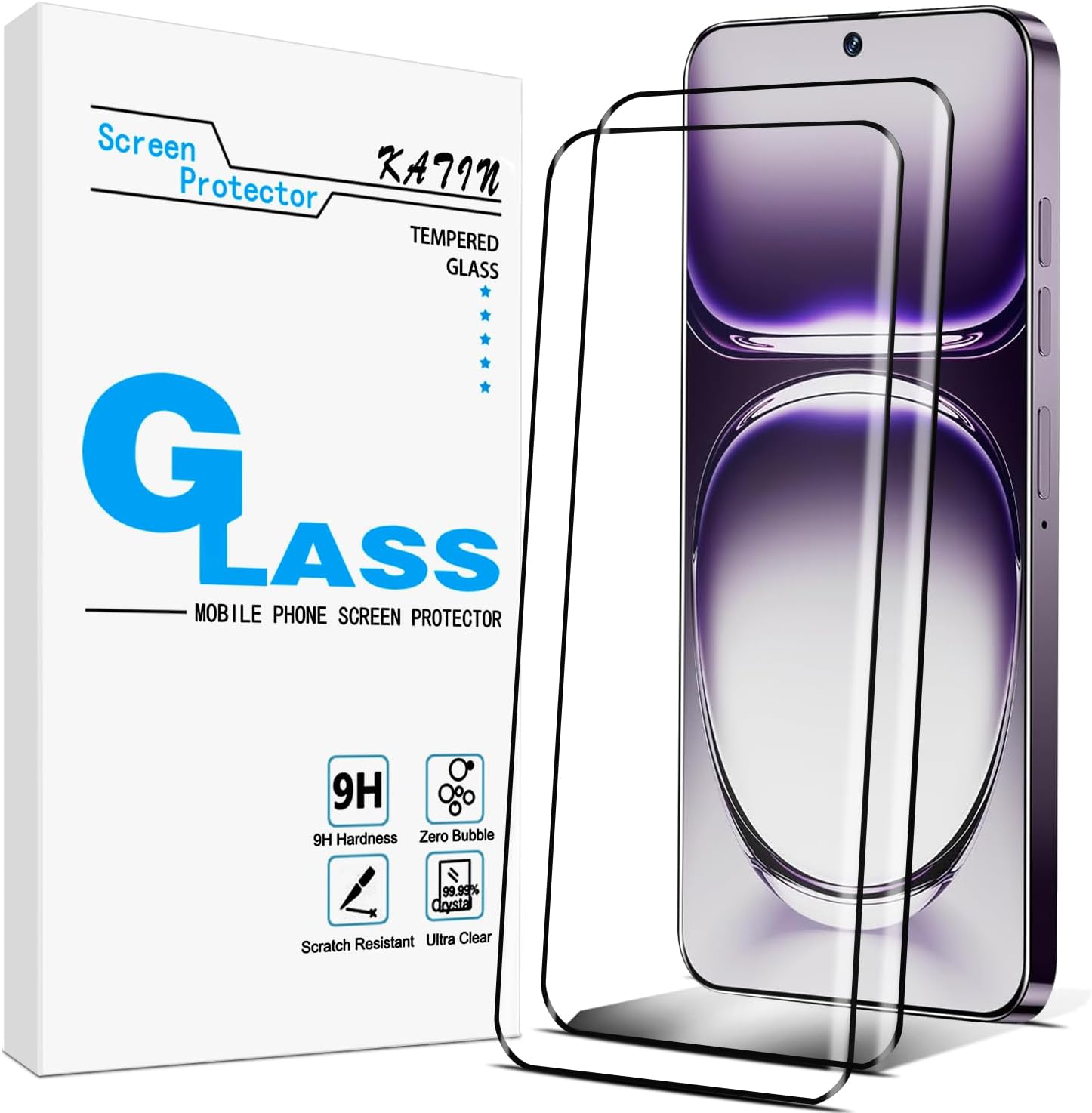 KATIN 2 Pack Screen Protector for OPPO Reno 12 5G Tempered Glass Film, 3D Curved Full Screen Coverage, anti Scratch, Bubble Free image number 1