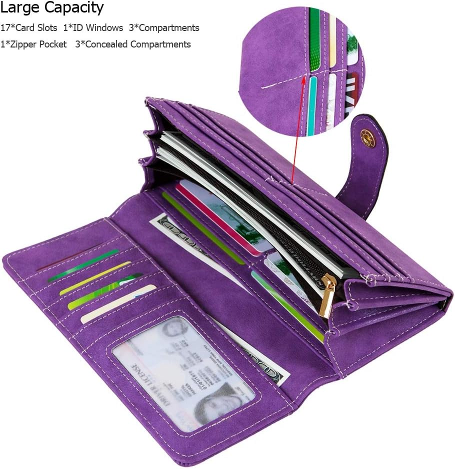 Women'S Vegan Leather 17 Card Slots Card Holder Long Big Bifold Wallet - Light Blue image number 3